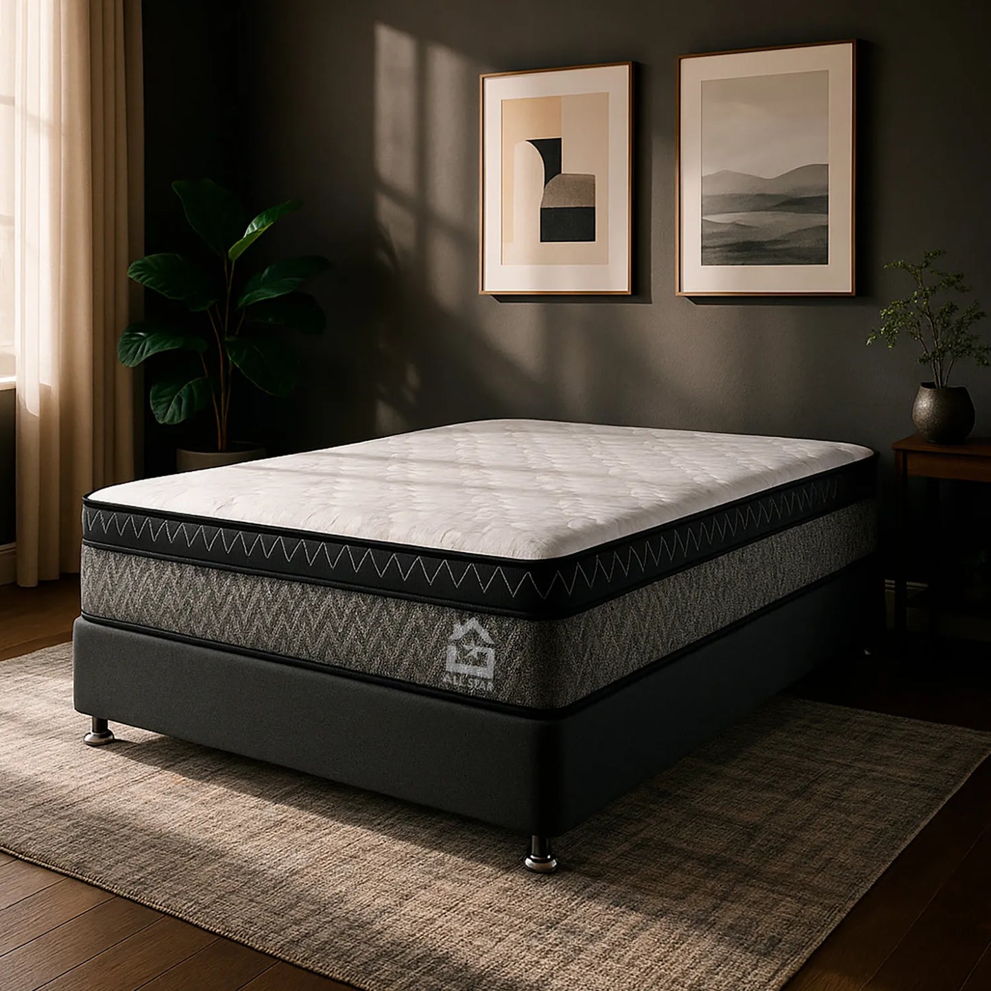 colchón semi ortopédico con costuras resistentes y capas de tejido decorativo, ambientado en habitación moderna con pared oscura, tapete beige y decoración minimalista – diseño contemporáneo ideal para hogares colombianos – All Star Muebles Colombia