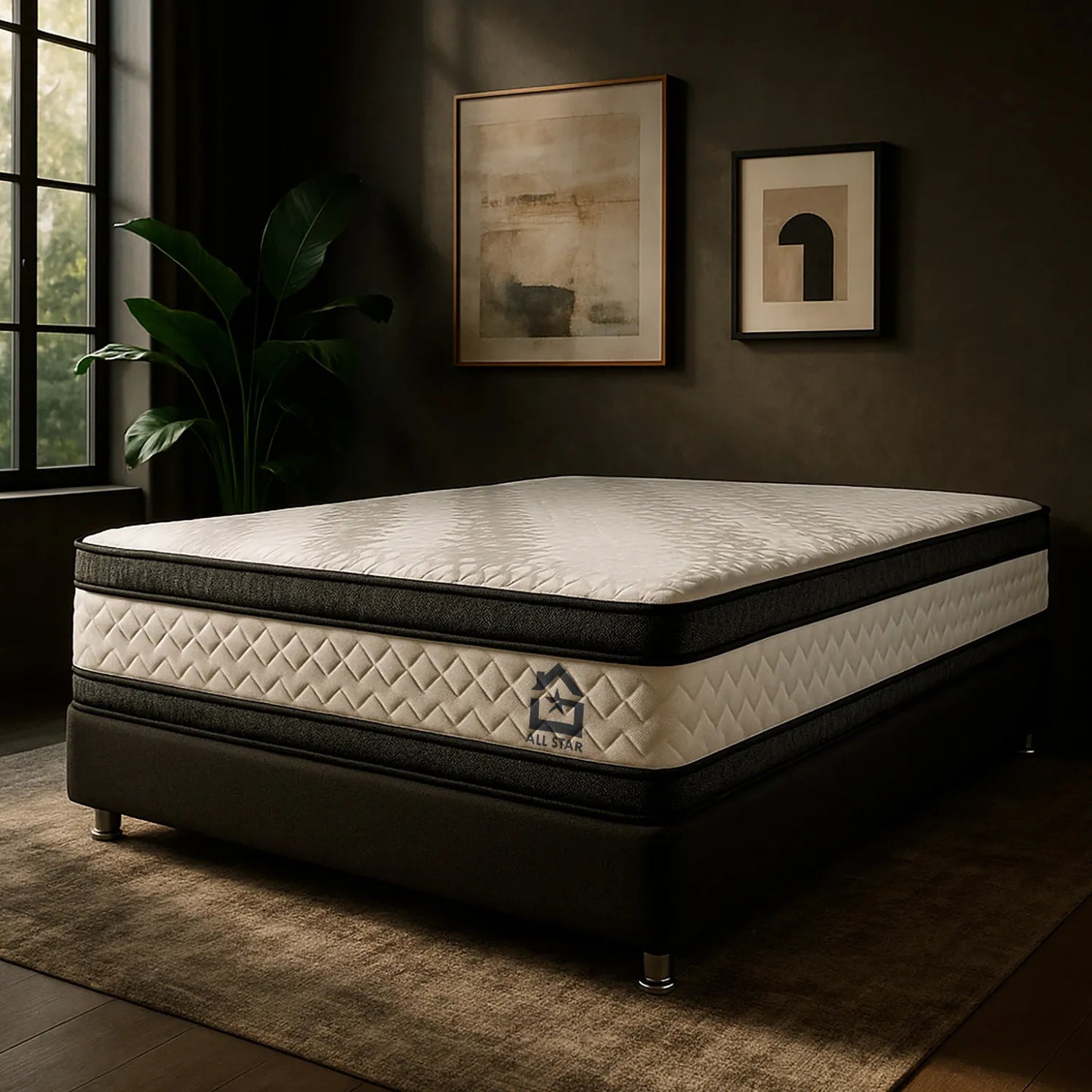 colchón semi ortopédico con costuras resistentes y capas de tejido decorativo, ambientado en habitación moderna con pared oscura, tapete beige y decoración minimalista – diseño contemporáneo ideal para hogares colombianos – All Star Muebles Colombia