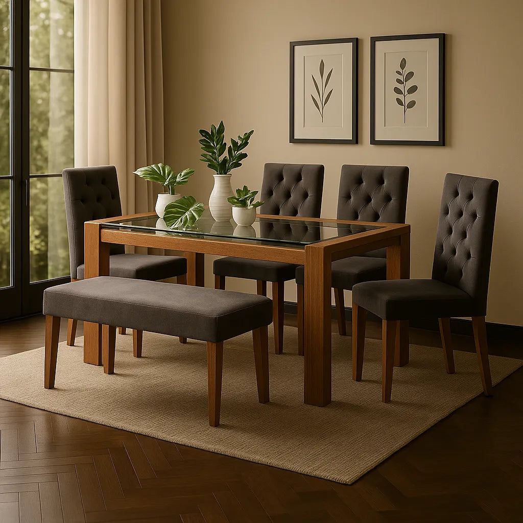 Juego de comedor Miguel Angel 6 puestos en tela gris con estructura en madera maciza tono natural, ubicado en sala moderna con ambiente minimalista, Ideal para hogares colombianos que buscan confort y estilo moderno - All Star muebles