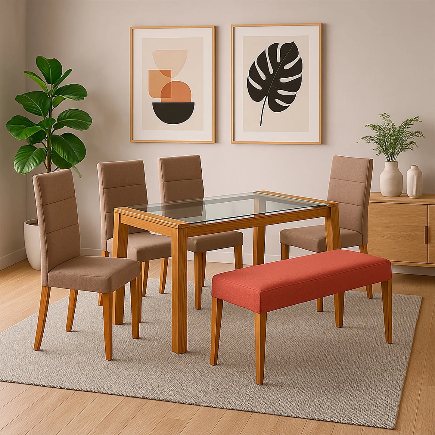 Juego de comedor Da Vinci 6 puestos en tela beige con estructura en madera maciza tono natural, ubicado en sala moderna con ambiente minimalista, Ideal para hogares colombianos que buscan confort y estilo moderno - All Star muebles