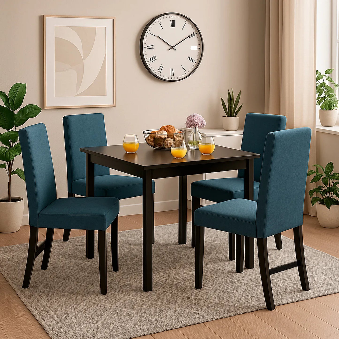 Juego de comedor Mónaco 4 puestos en tela azul con estructura en madera maciza tono negro, ubicado en sala moderna con ambiente minimalista, Ideal para hogares colombianos que buscan confort y estilo moderno - All Star muebles