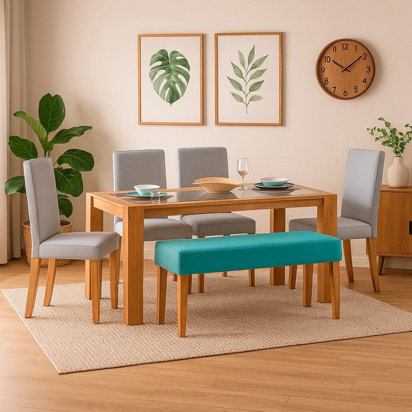 Juego de comedor Paris 6 puestos en tela gris y aqua con estructura en madera maciza tono natural, ubicado en sala moderna con ambiente minimalista, Ideal para hogares colombianos que buscan confort y estilo moderno - All Star muebles