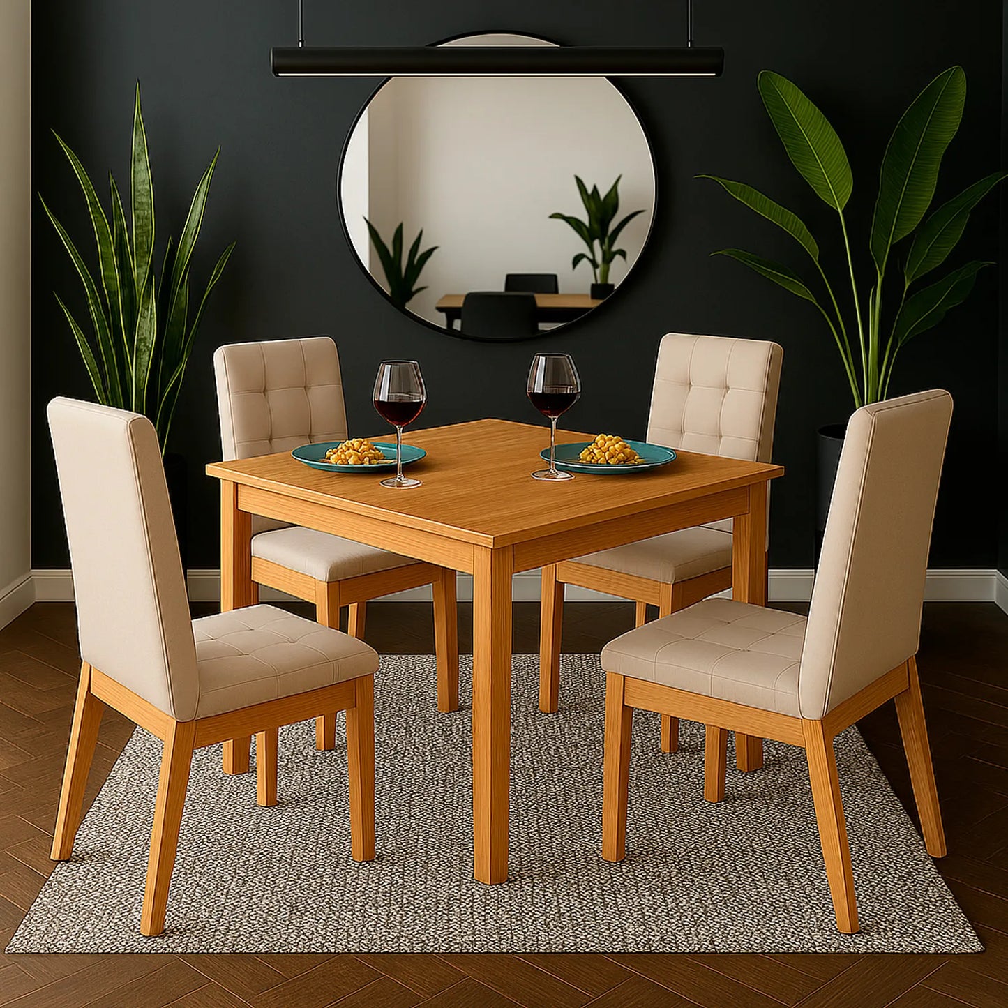 Juego de comedor Turin 4 puestos en tela beige con estructura en madera maciza tono natural, ubicado en sala moderna con ambiente minimalista, Ideal para hogares colombianos que buscan confort y estilo moderno - All Star muebles