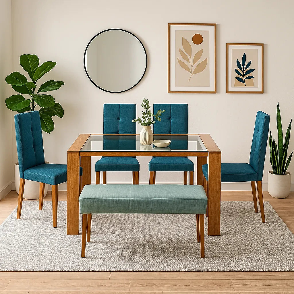 Juego de comedor Van Gogh 6 puestos en tela Aqua con estructura en madera maciza tono natural, ubicado en sala moderna con ambiente minimalista, Ideal para hogares colombianos que buscan confort y estilo moderno - All Star muebles