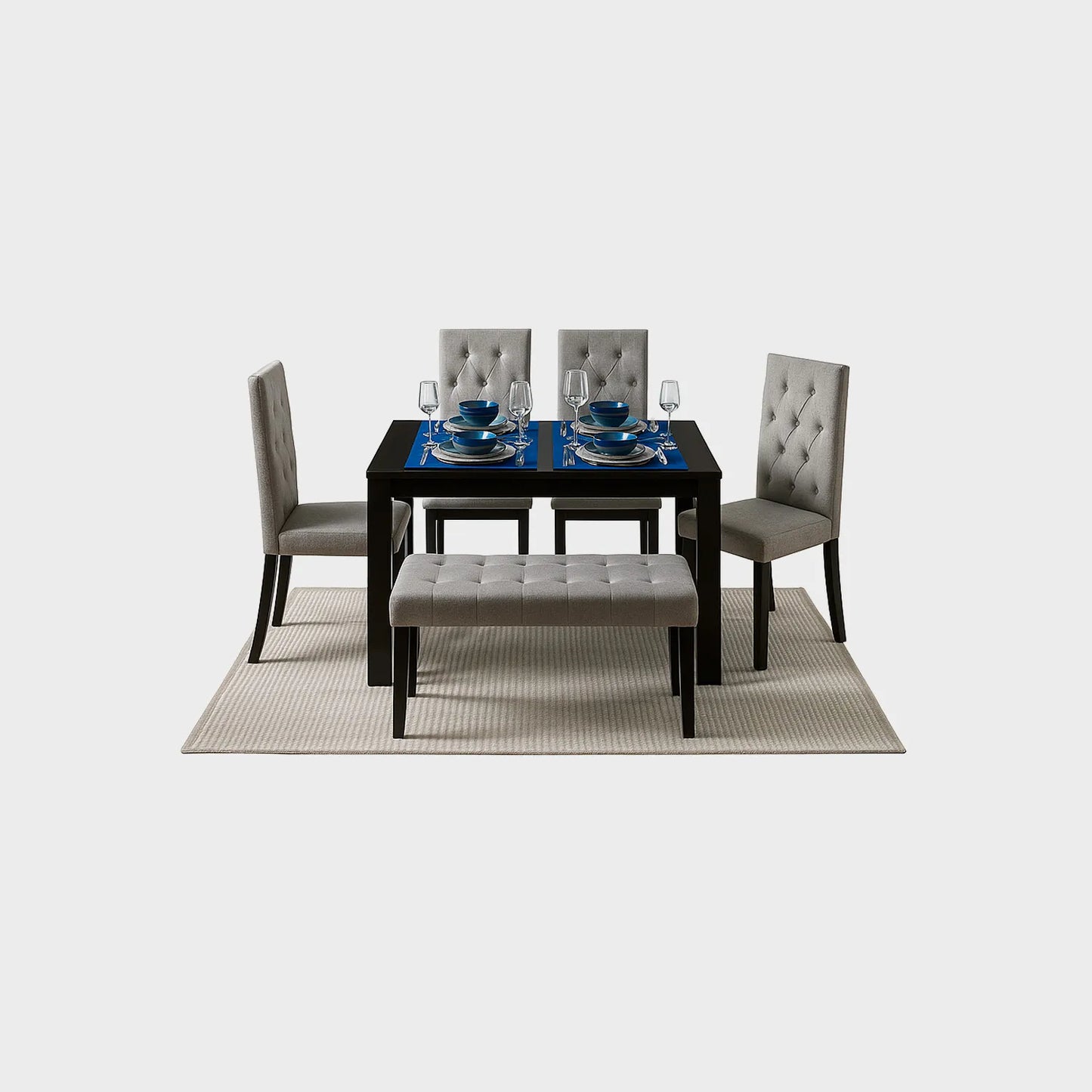 Juego de comedor Hollywood 6 puestos en madera maciza color negro, sillas y butaco tapizados color gris, fotografía sobre fondo blanco, ideal para visualizar la combinación de estilos y colores - All Star muebles