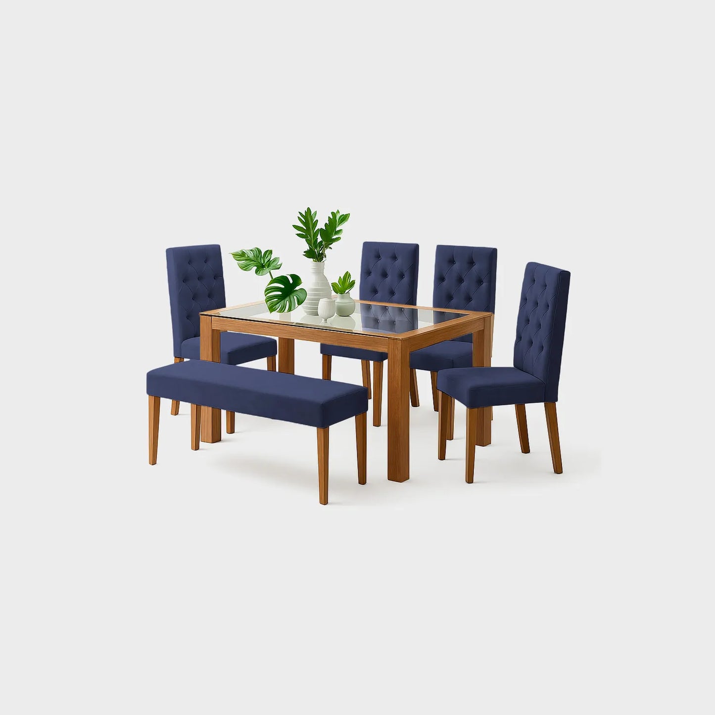 Juego de comedor Miguel Angel 6 puestos en madera maciza color natural, sillas y butaco tapizados color azul, fotografía sobre fondo blanco, ideal para visualizar la combinación de estilos y colores - All Star muebles