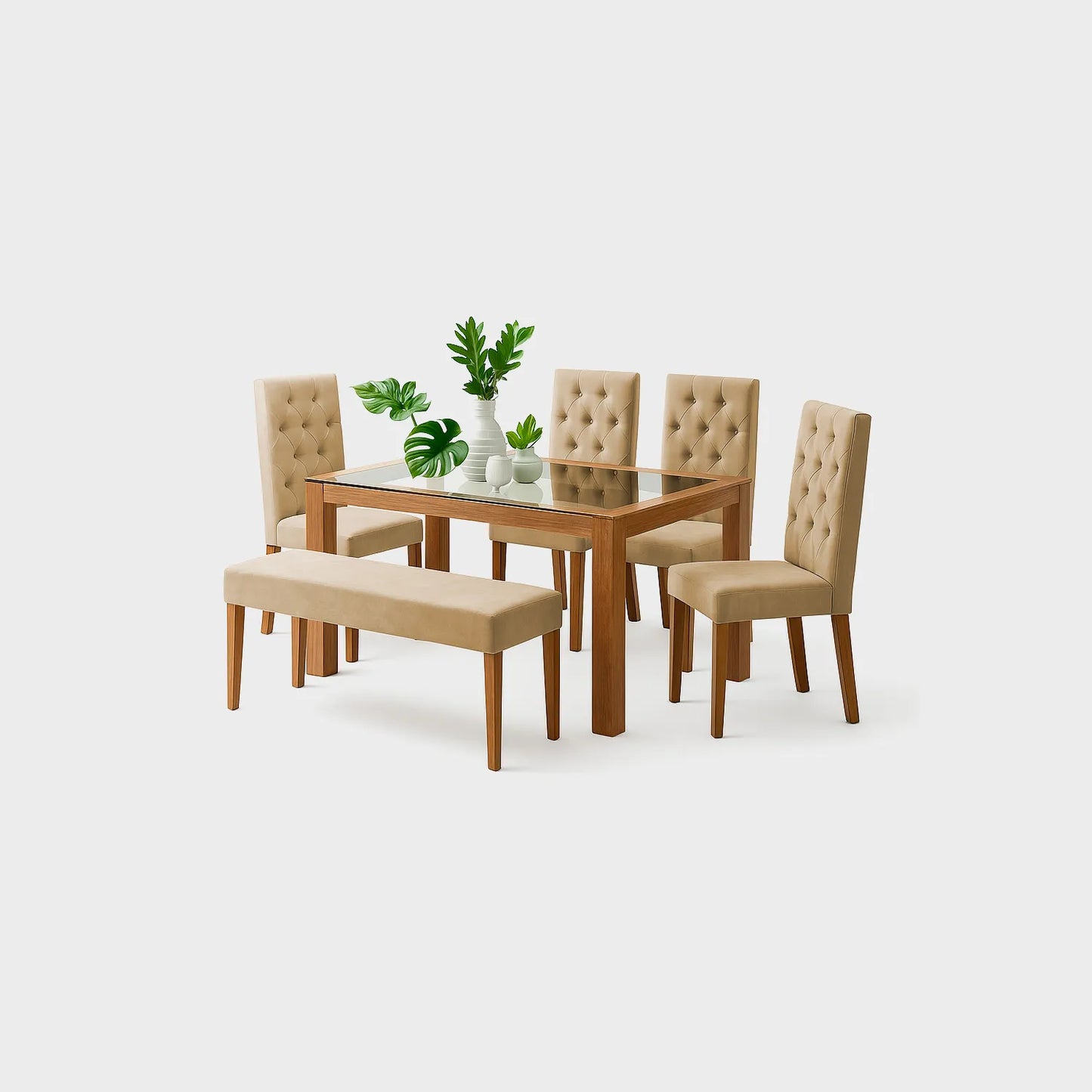 Juego de comedor Miguel Angel 6 puestos en madera maciza color natural, sillas y butaco tapizados color beige, fotografía sobre fondo blanco, ideal para visualizar la combinación de estilos y colores - All Star muebles