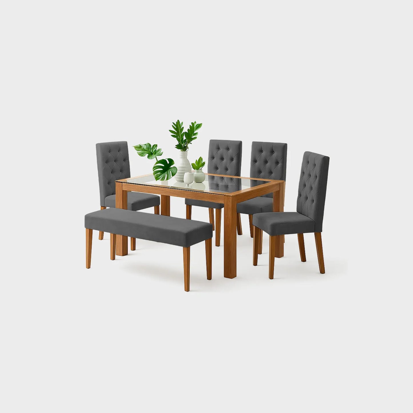 Juego de comedor Miguel Angel 6 puestos en madera maciza color natural, sillas y butaco tapizados color gris, fotografía sobre fondo blanco, ideal para visualizar la combinación de estilos y colores - All Star muebles