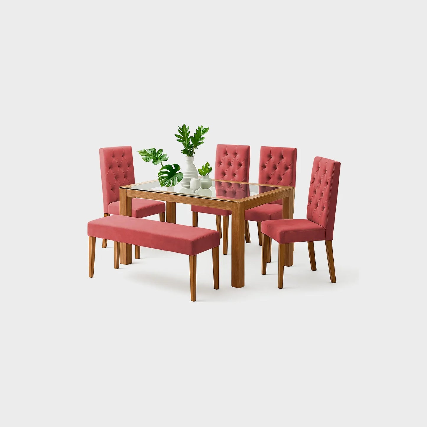 Juego de comedor Miguel Angel 6 puestos en madera maciza color natural, sillas y butaco tapizados color salmón, fotografía sobre fondo blanco, ideal para visualizar la combinación de estilos y colores - All Star muebles