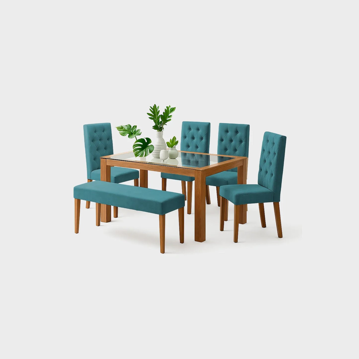 Juego de comedor Miguel Angel 6 puestos en madera maciza color natural, sillas y butaco tapizados color turquesa, fotografía sobre fondo blanco, ideal para visualizar la combinación de estilos y colores - All Star muebles