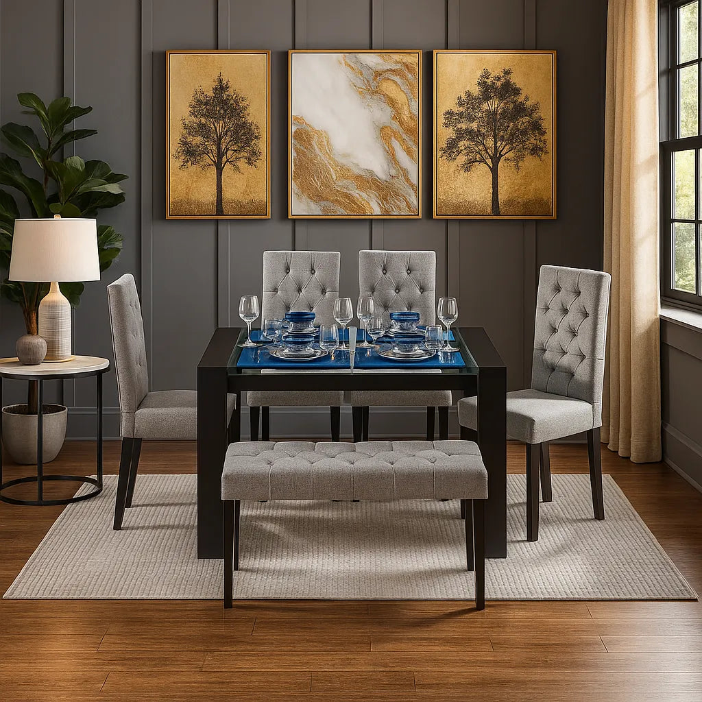 Juego de comedor Hollywood 6 puestos en tela gris con estructura en madera maciza tono negro, ubicado en sala moderna con ambiente minimalista, Ideal para hogares colombianos que buscan confort y estilo moderno - All Star muebles