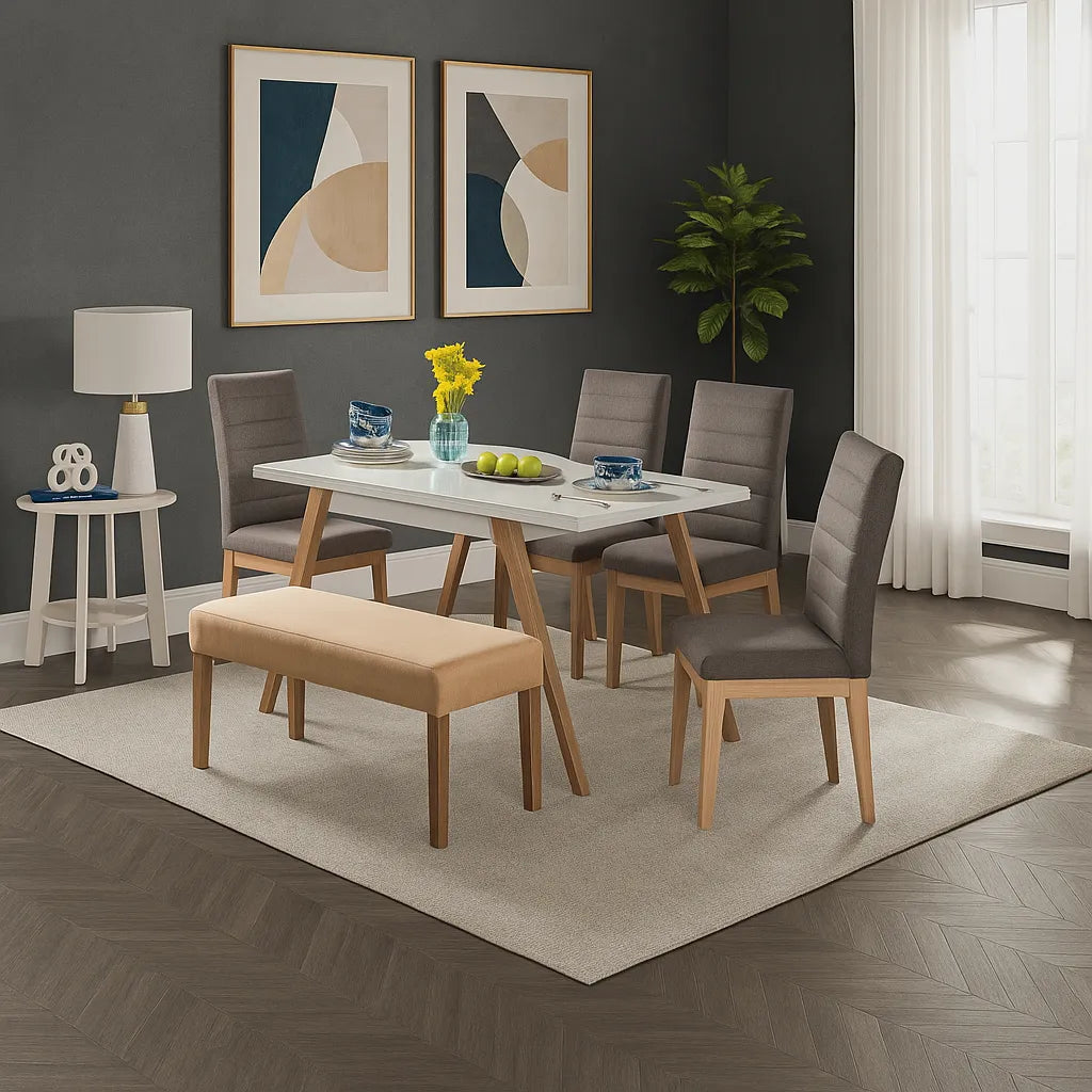 Juego de comedor Sahara 6 puestos en tela gris con estructura en madera maciza tono natural, ubicado en sala moderna con ambiente minimalista, Ideal para hogares colombianos que buscan confort y estilo moderno - All Star muebles