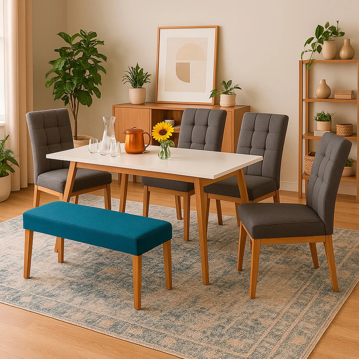Juego de comedor Picasso 6 puestos en sillas tapizadas capitoné color gris y butaco tapizado color azul, con estructura en madera maciza tono natural, ubicado en sala moderna con ambiente minimalista, Ideal para hogares colombianos que buscan confort y estilo moderno - All Star muebles