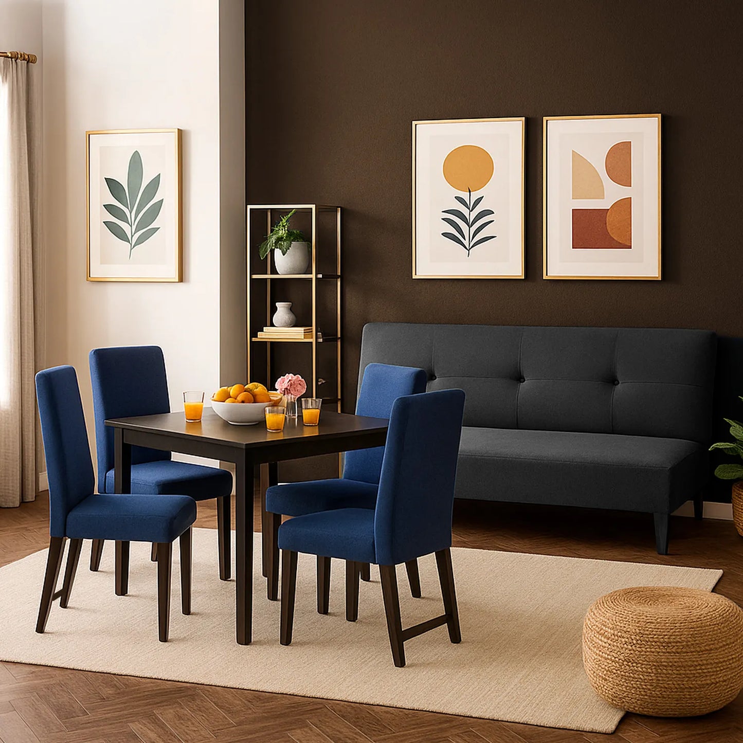 Sofá cama 3 puestos en tela negro con patas color negro, ubicado en sala moderna, ambientado con comedor de madera en tono negro y sillas tapizadas color azul Ideal para hogares colombianos que buscan confort y estilo moderno - All Star muebles