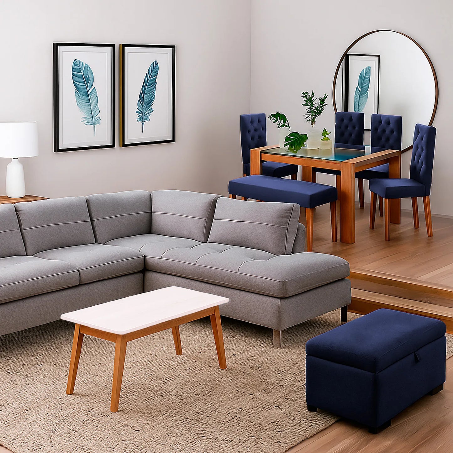 Sofá esquinero derecho de 5 puestos en tela gris, con patas metálicas, ubicado en sala moderna con mesa auxiliar y puff tipo baúl color azul, ambientado con comedor de madera en tono natural y sillas tapizadas color azul. Ideal para hogares colombianos que buscan confort y estilo moderno - All Star mueble