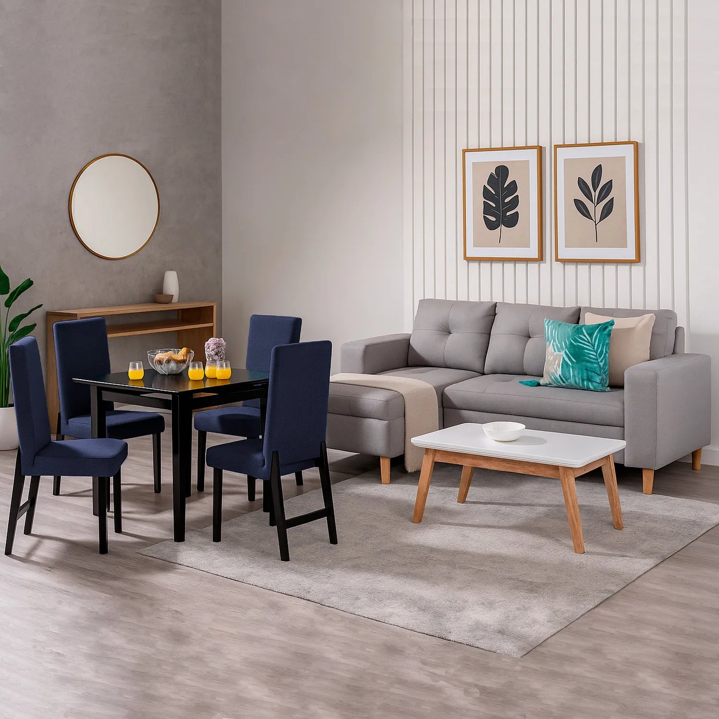Sofá esquinero derecho de 3 puestos en tela gris, con patas en madera natural, ubicado en sala moderna, ambientado con comedor de madera color negro. Ideal para hogares colombianos que buscan confort y estilo moderno - All Star muebles
