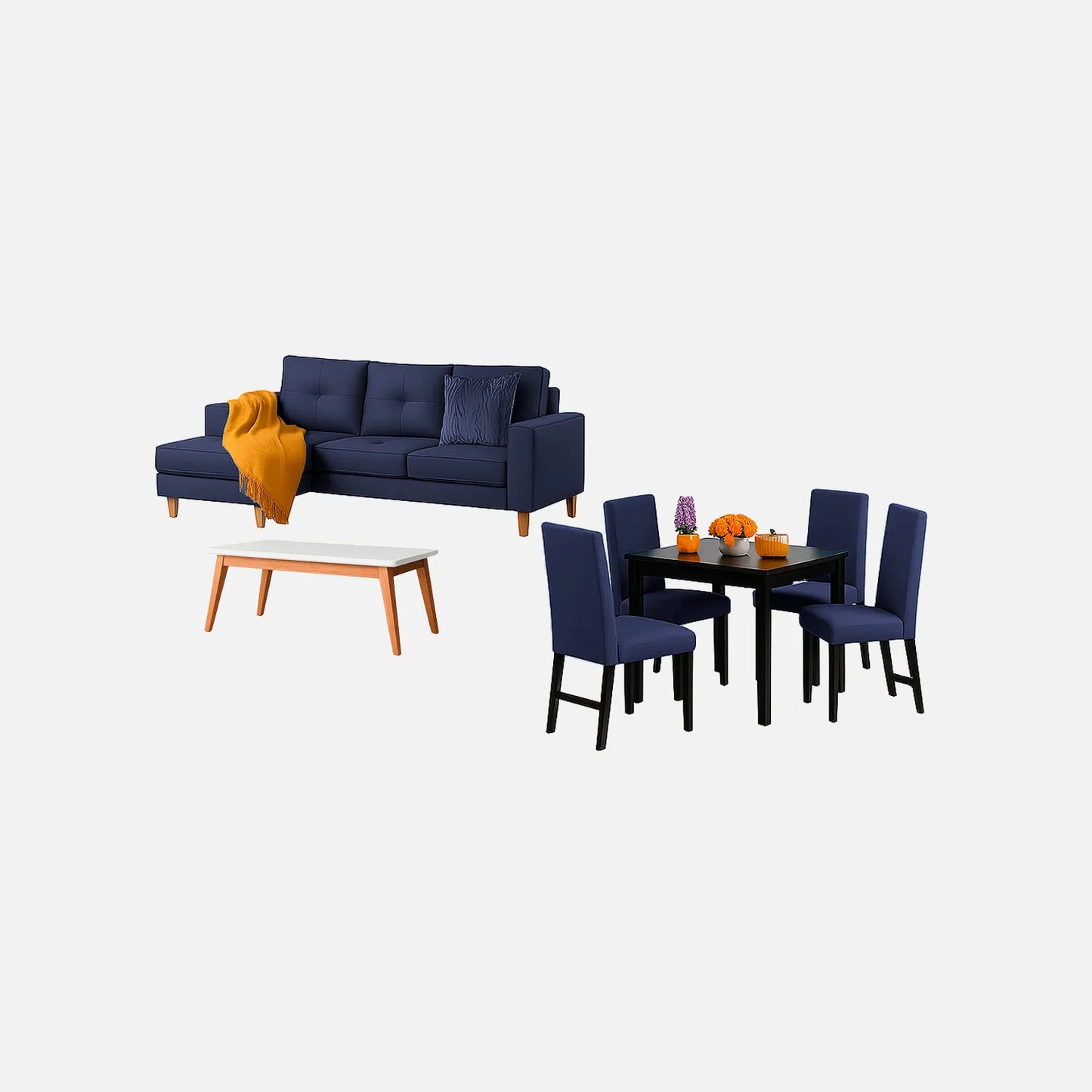 Juego de sala Invierno sofá esquinero derecho 3 puestos visto en perspectiva en tela azul con patas de madera clara y comedor en madera tono negro y sillas tapizadas azul, con mesa auxiliar en madera maciza y tapa blanca, ideal para familias colombianas - All Star Muebles