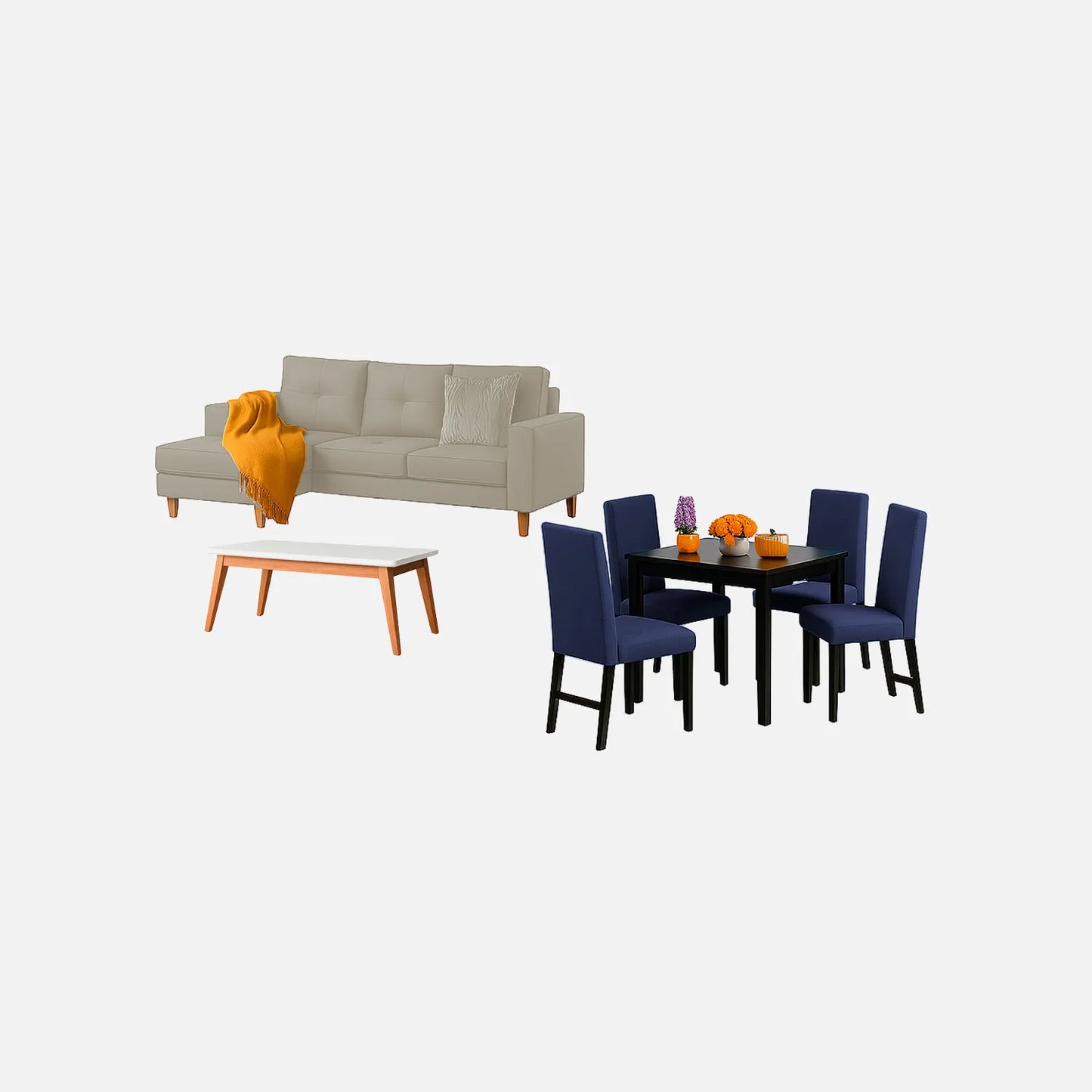 Juego de sala Invierno sofá esquinero derecho 3 puestos visto en perspectiva en tela beige con patas de madera clara y comedor en madera tono negro y sillas tapizadas azul, con mesa auxiliar en madera maciza y tapa blanca, ideal para familias colombianas - All Star Muebles