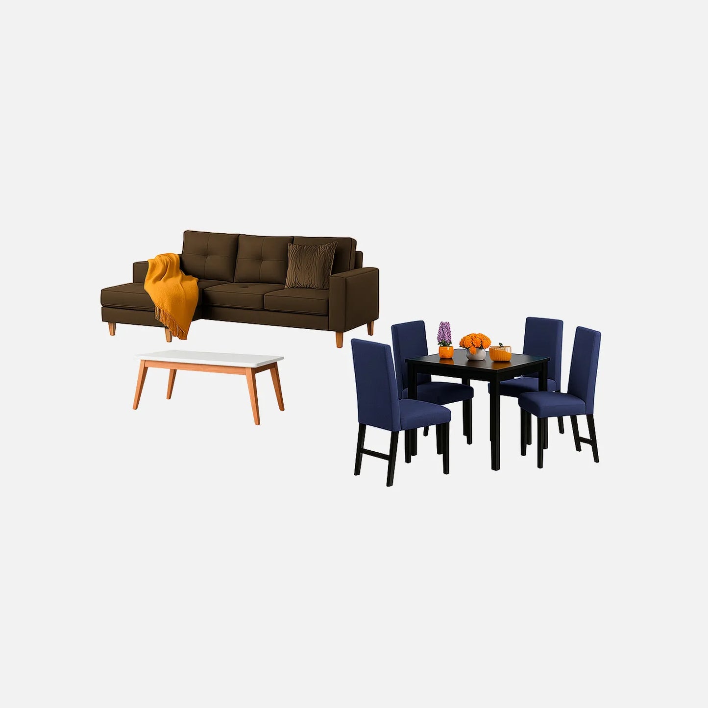 Juego de sala Invierno sofá esquinero derecho 3 puestos visto en perspectiva en tela café con patas de madera clara y comedor en madera tono negro y sillas tapizadas azul, con mesa auxiliar en madera maciza y tapa blanca, ideal para familias colombianas - All Star Muebles