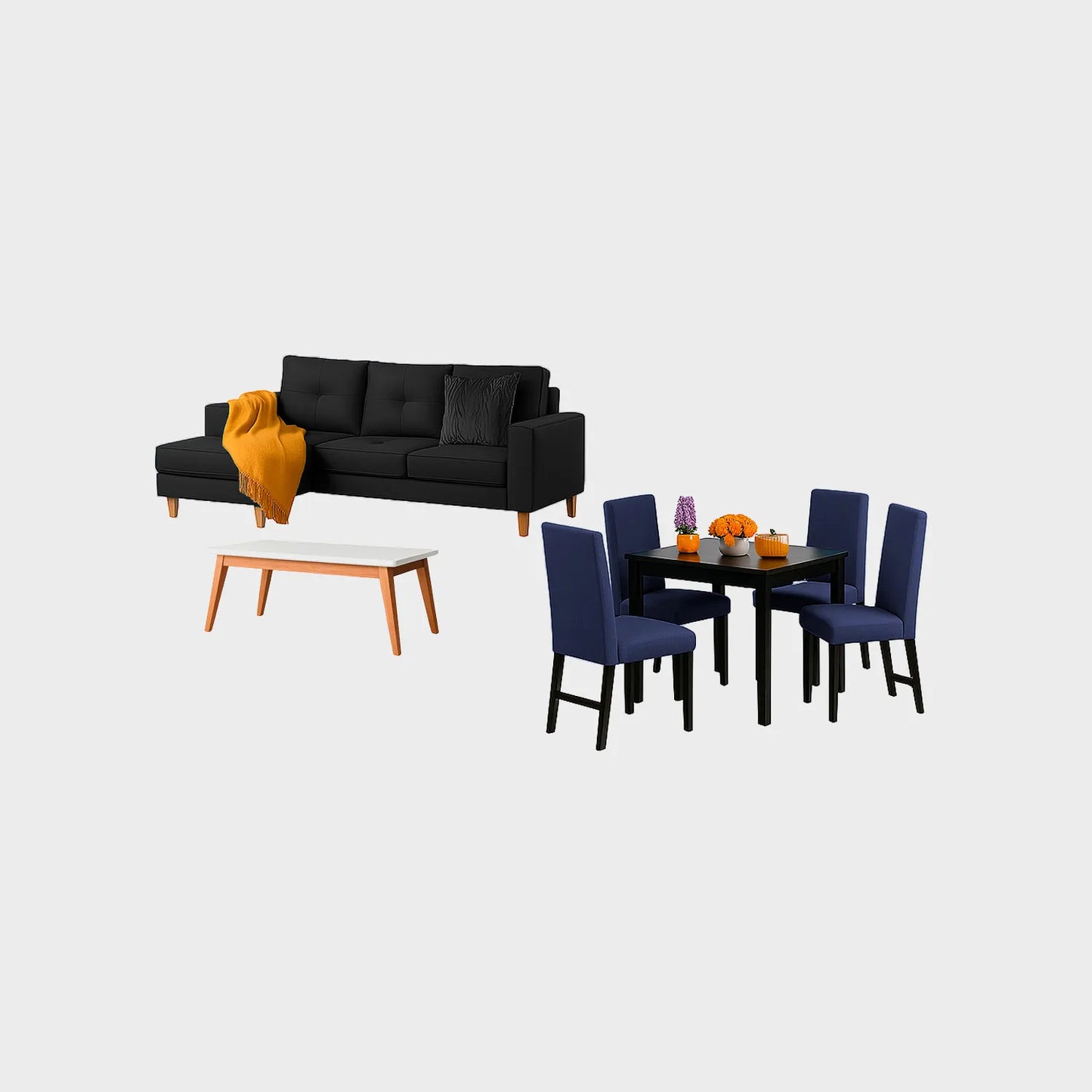 Juego de sala Invierno sofá esquinero derecho 3 puestos visto en perspectiva en tela negra con patas de madera clara y comedor en madera tono negro y sillas tapizadas azul, con mesa auxiliar en madera maciza y tapa blanca, ideal para familias colombianas - All Star Muebles