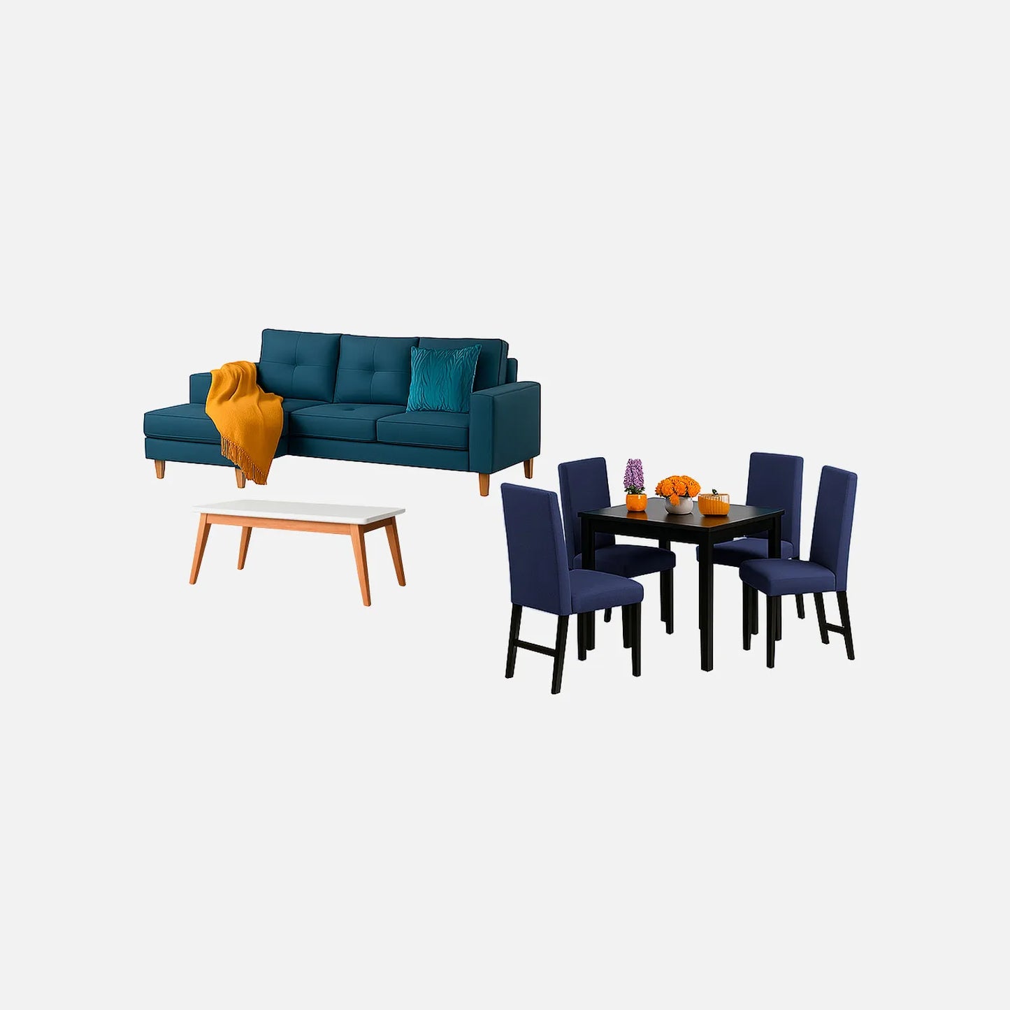 Juego de sala Invierno sofá esquinero derecho 3 puestos visto en perspectiva en tela turquesa con patas de madera clara y comedor en madera tono negro y sillas tapizadas azul, con mesa auxiliar en madera maciza y tapa blanca, ideal para familias colombianas - All Star Muebles