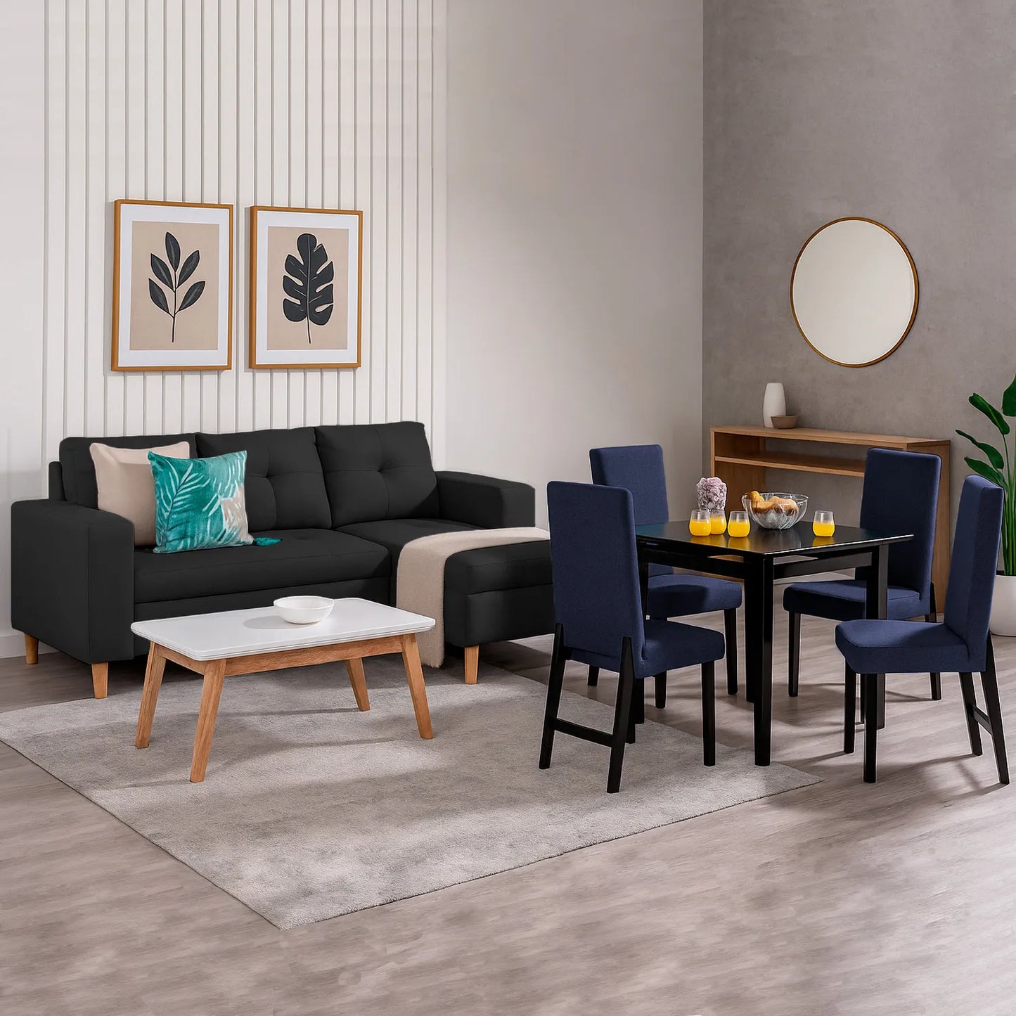 Sofá esquinero izquierdo de 3 puestos en tela negra, con patas en madera natural, ubicado en sala moderna, ambientado con comedor de madera color negro. Ideal para hogares colombianos que buscan confort y estilo moderno - All Star muebles