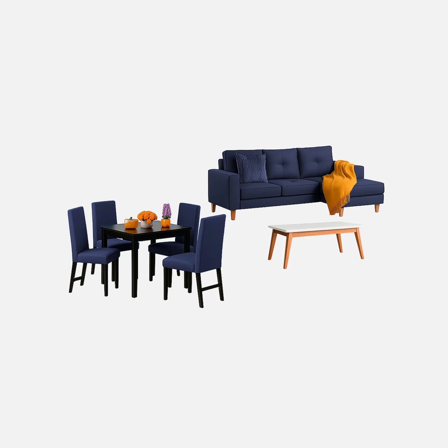 Juego de sala Invierno sofá esquinero izquierdo 3 puestos visto en perspectiva en tela azul con patas de madera clara y comedor en madera tono negro y sillas tapizadas azul, con mesa auxiliar en madera maciza y tapa blanca, ideal para familias colombianas - All Star Muebles