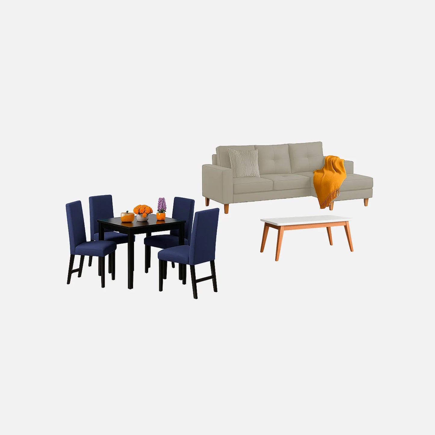 Juego de sala Invierno sofá esquinero izquierdo 3 puestos visto en perspectiva en tela beige con patas de madera clara y comedor en madera tono negro y sillas tapizadas azul, con mesa auxiliar en madera maciza y tapa blanca, ideal para familias colombianas - All Star Muebles