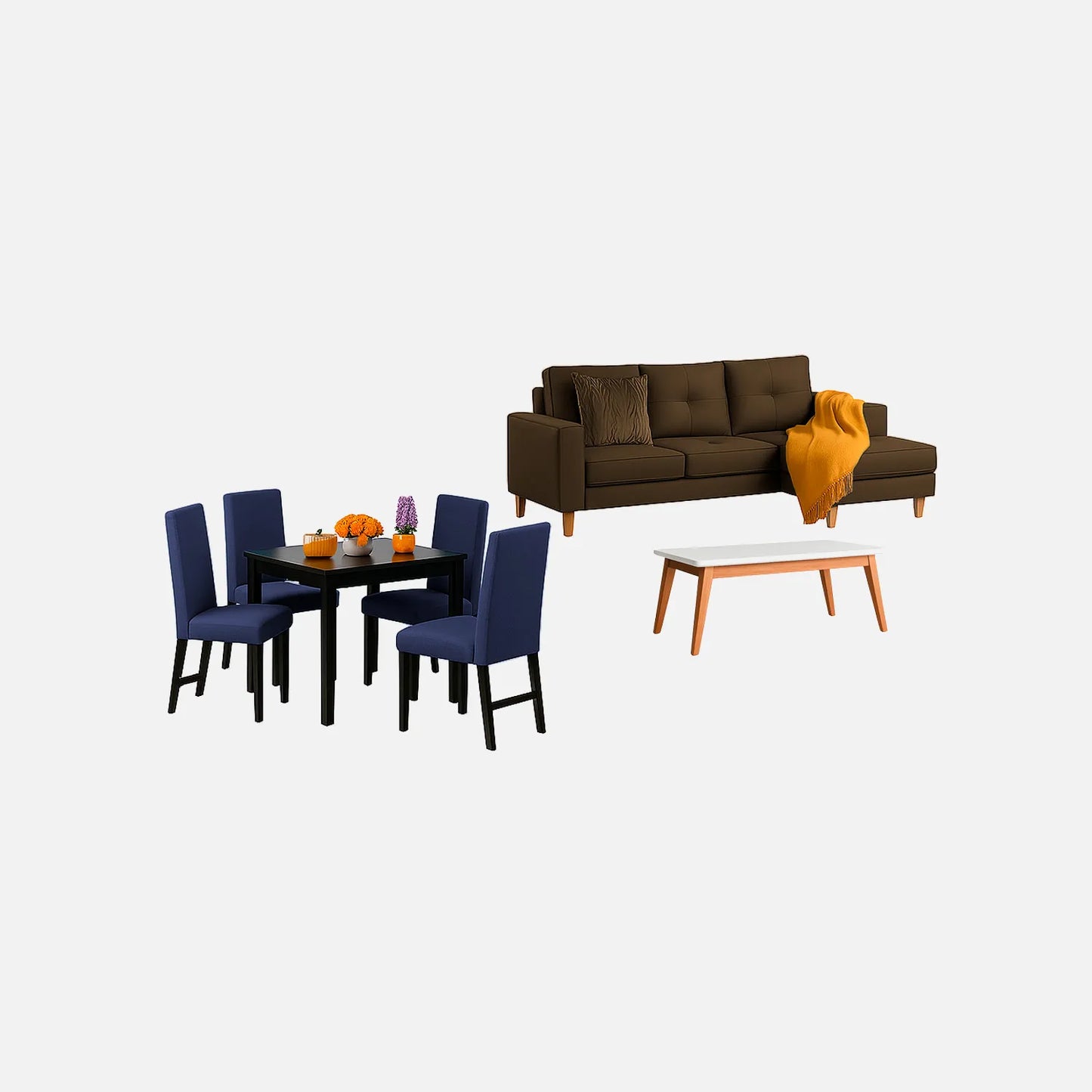 Juego de sala Invierno sofá esquinero izquierdo 3 puestos visto en perspectiva en tela café con patas de madera clara y comedor en madera tono negro y sillas tapizadas azul, con mesa auxiliar en madera maciza y tapa blanca, ideal para familias colombianas - All Star Muebles