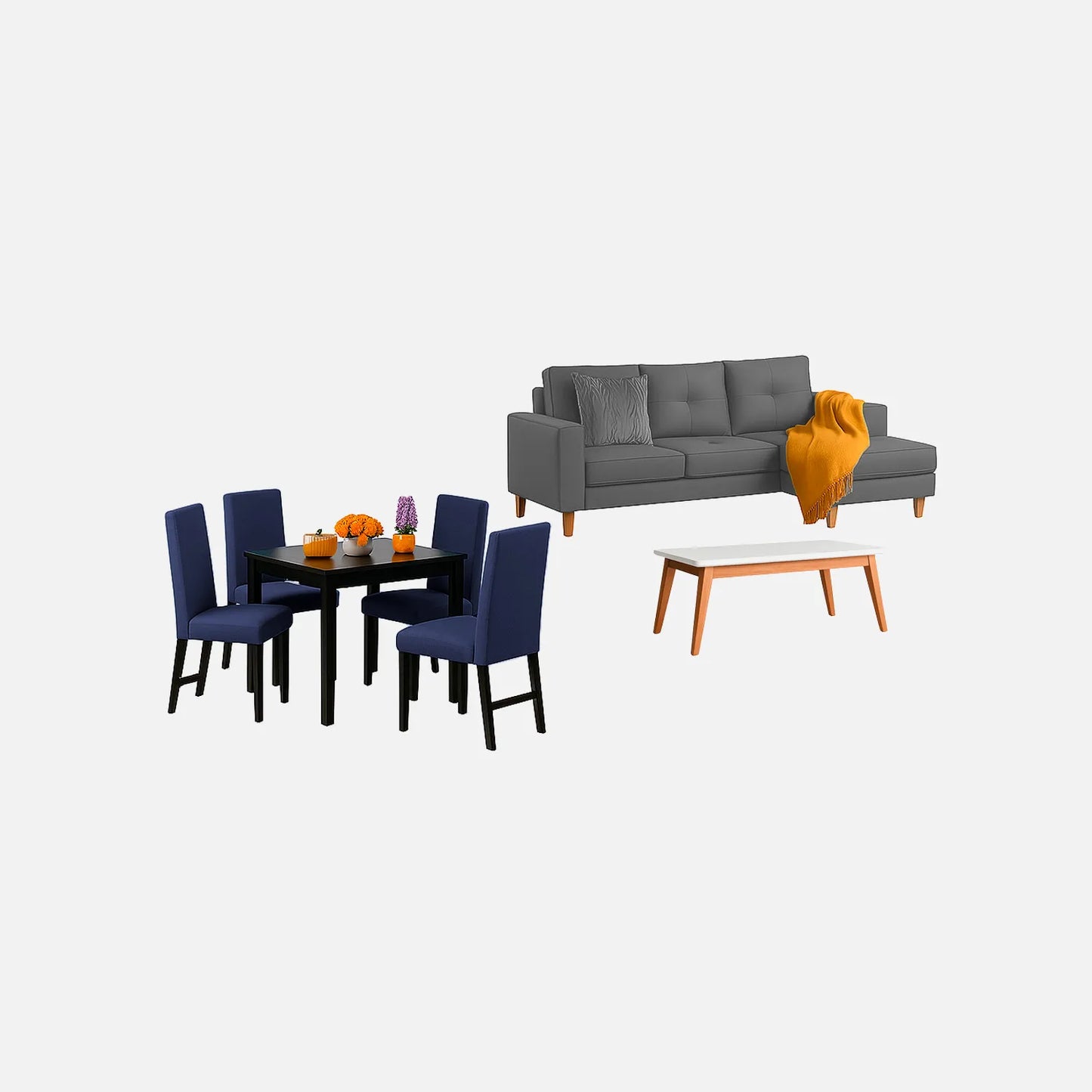 Juego de sala Invierno sofá esquinero izquierdo 3 puestos visto en perspectiva en tela gris con patas de madera clara y comedor en madera tono negro y sillas tapizadas azul, con mesa auxiliar en madera maciza y tapa blanca, ideal para familias colombianas - All Star Muebles