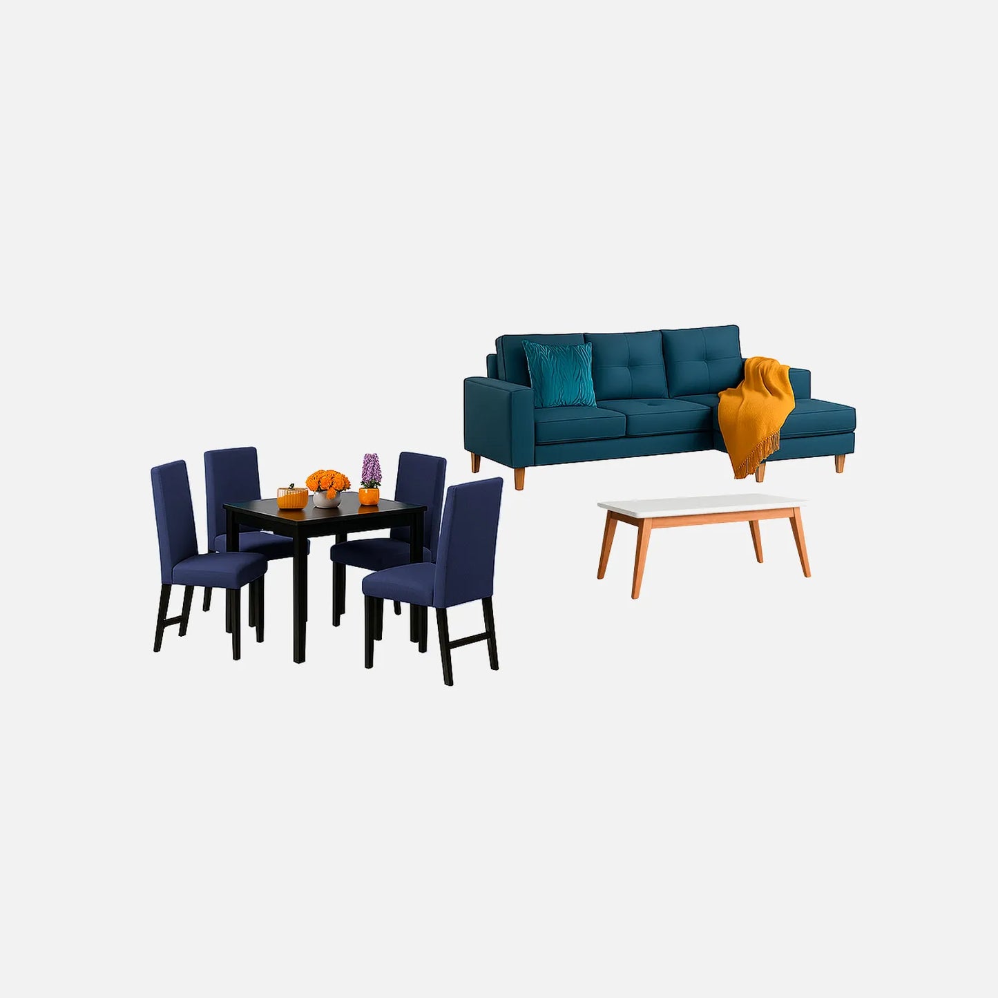 Juego de sala Invierno sofá esquinero izquierdo 3 puestos visto en perspectiva en tela turquesa con patas de madera clara y comedor en madera tono negro y sillas tapizadas azul, con mesa auxiliar en madera maciza y tapa blanca, ideal para familias colombianas - All Star Muebles