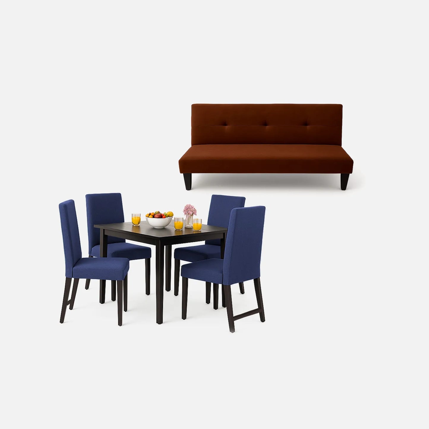 Juego de sala sofá cama 3 puestos color café, y comedor de 4 puestos con sillas tapizadas en color azul, fotografía sobre fondo blanco, ideal para visualizar la combinación de estilos y colores - All Star muebles