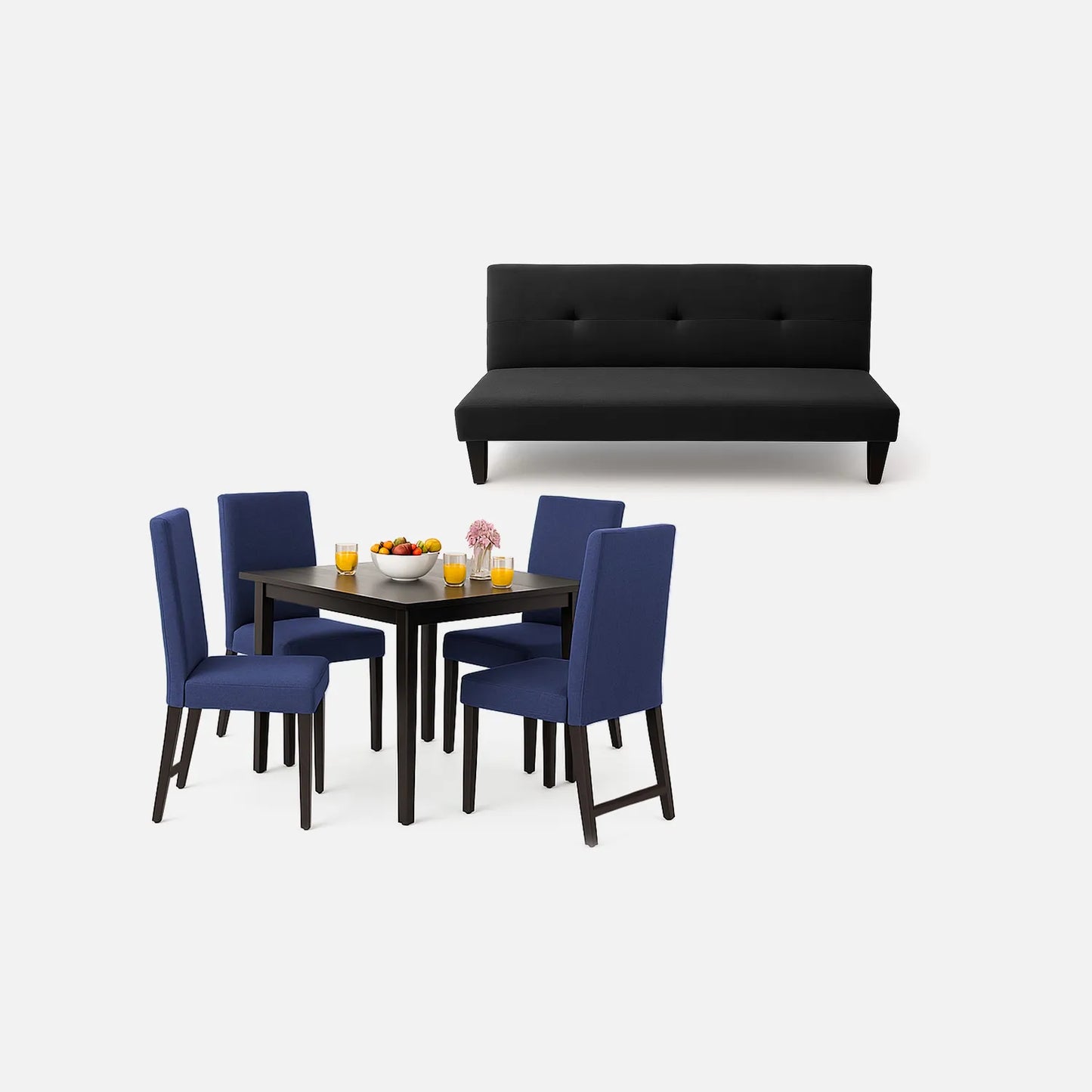 Juego de sala sofá cama 3 puestos color negro, y comedor de 4 puestos con sillas tapizadas en color azul, fotografía sobre fondo blanco, ideal para visualizar la combinación de estilos y colores - All Star muebles