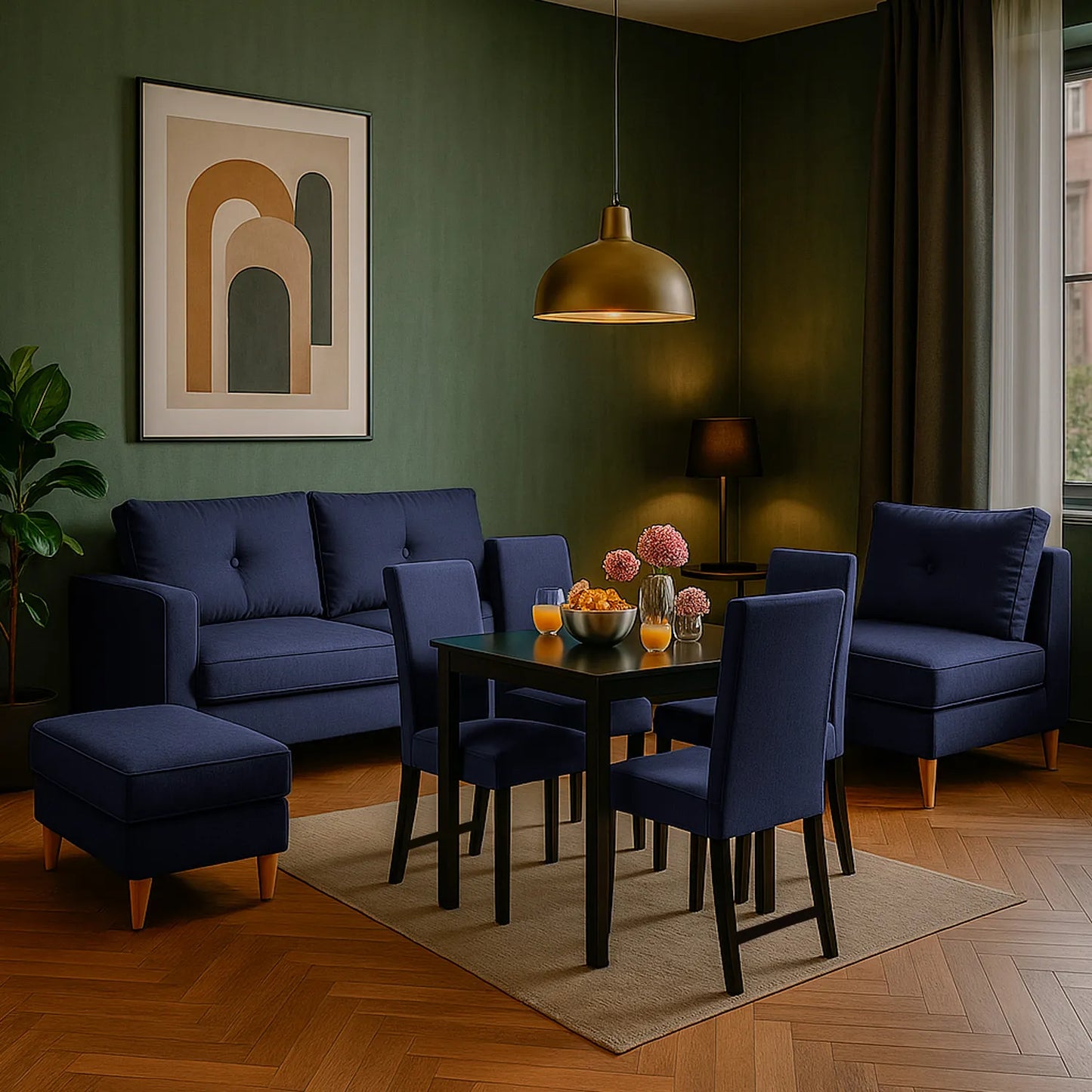Comedor de 4 puestos con sillas azules y juego de sala en tela azul con patas en madera, ambientado en espacio moderno decorado con lámparas cálidas, piso en madera y paredes verde oliva, ideal para hogares colombianos que buscan estilo y funcionalidad - All Star muebles
