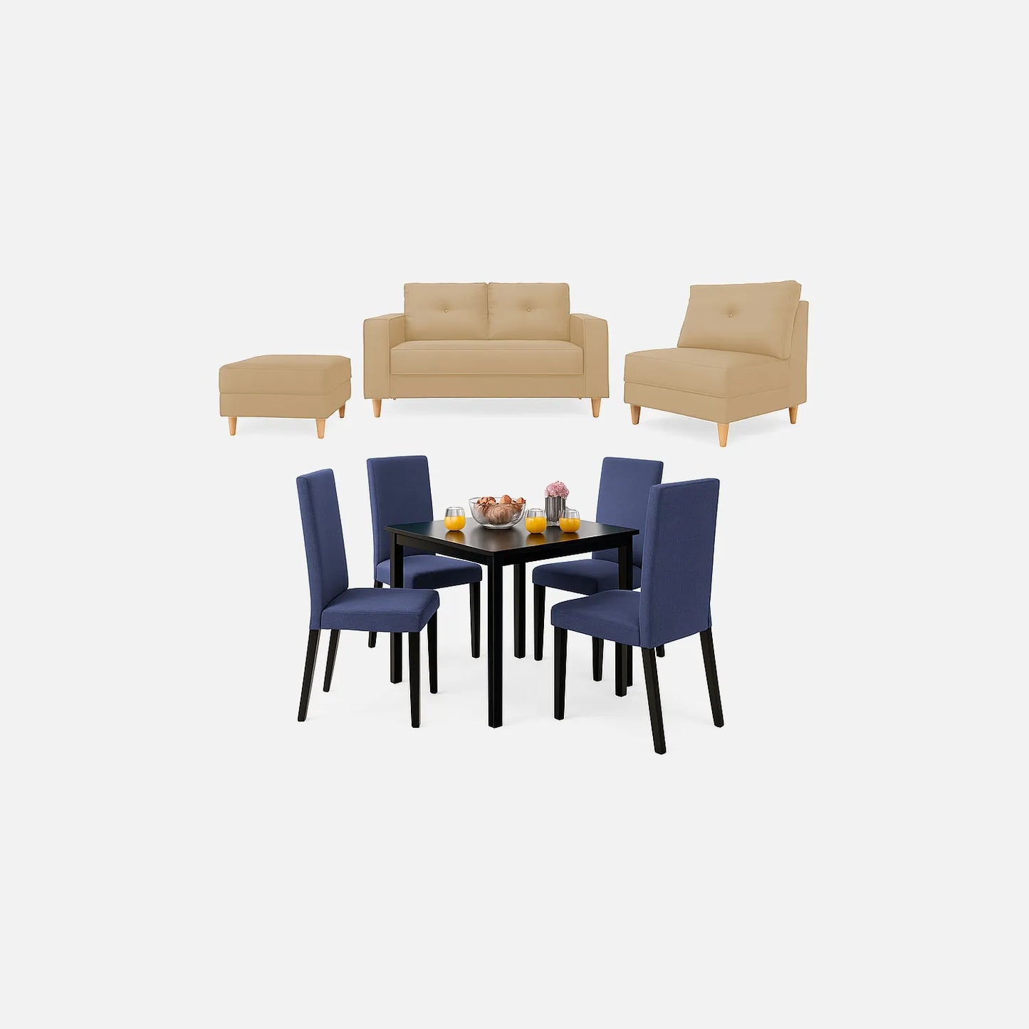 Juego de sala modular color beige, y comedor de 4 puestos con sillas tapizadas en color azul, fotografía sobre fondo blanco, ideal para visualizar la combinación de estilos y colores - All Star muebles
