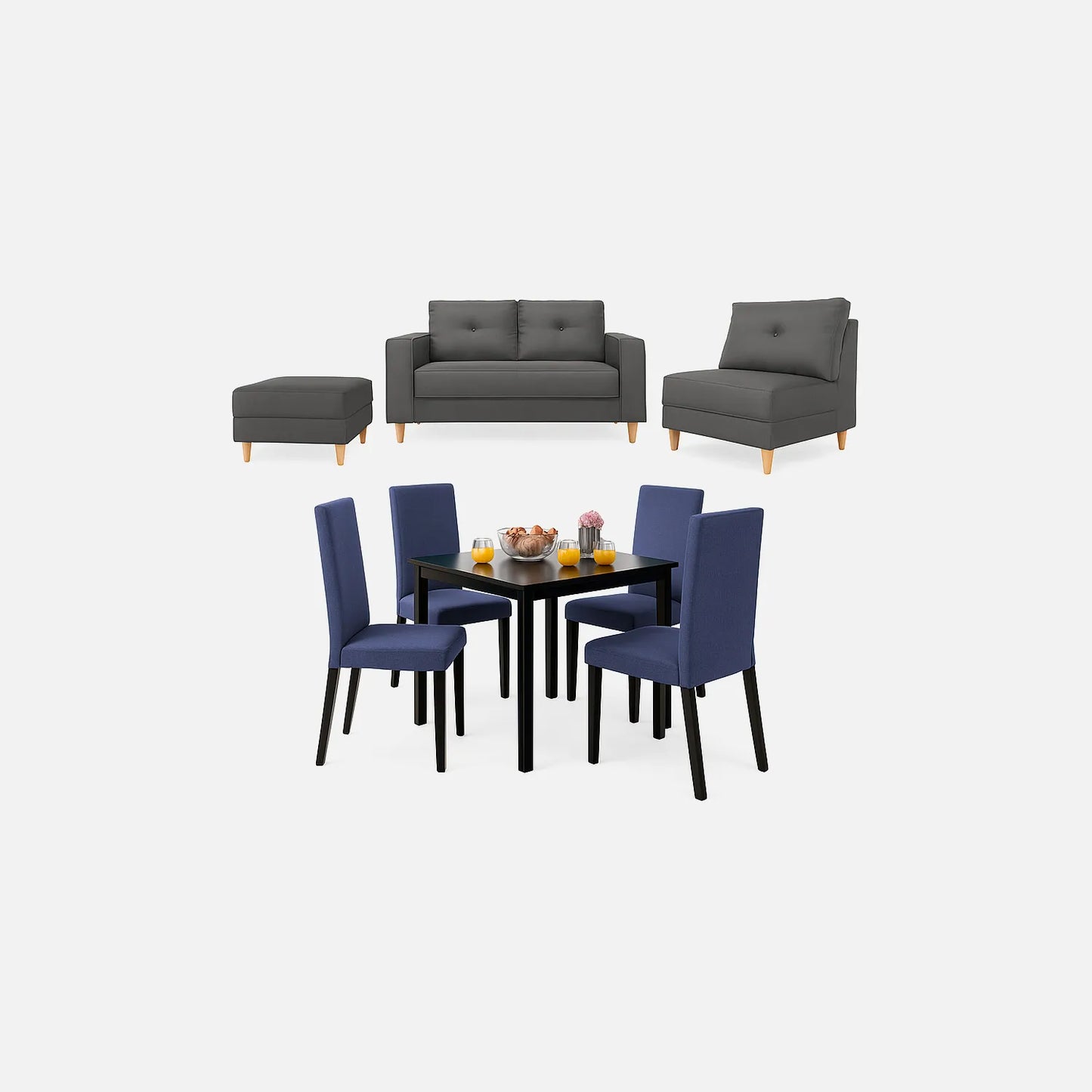 Juego de sala modular color gris, y comedor de 4 puestos con sillas tapizadas en color azul, fotografía sobre fondo blanco, ideal para visualizar la combinación de estilos y colores - All Star muebles