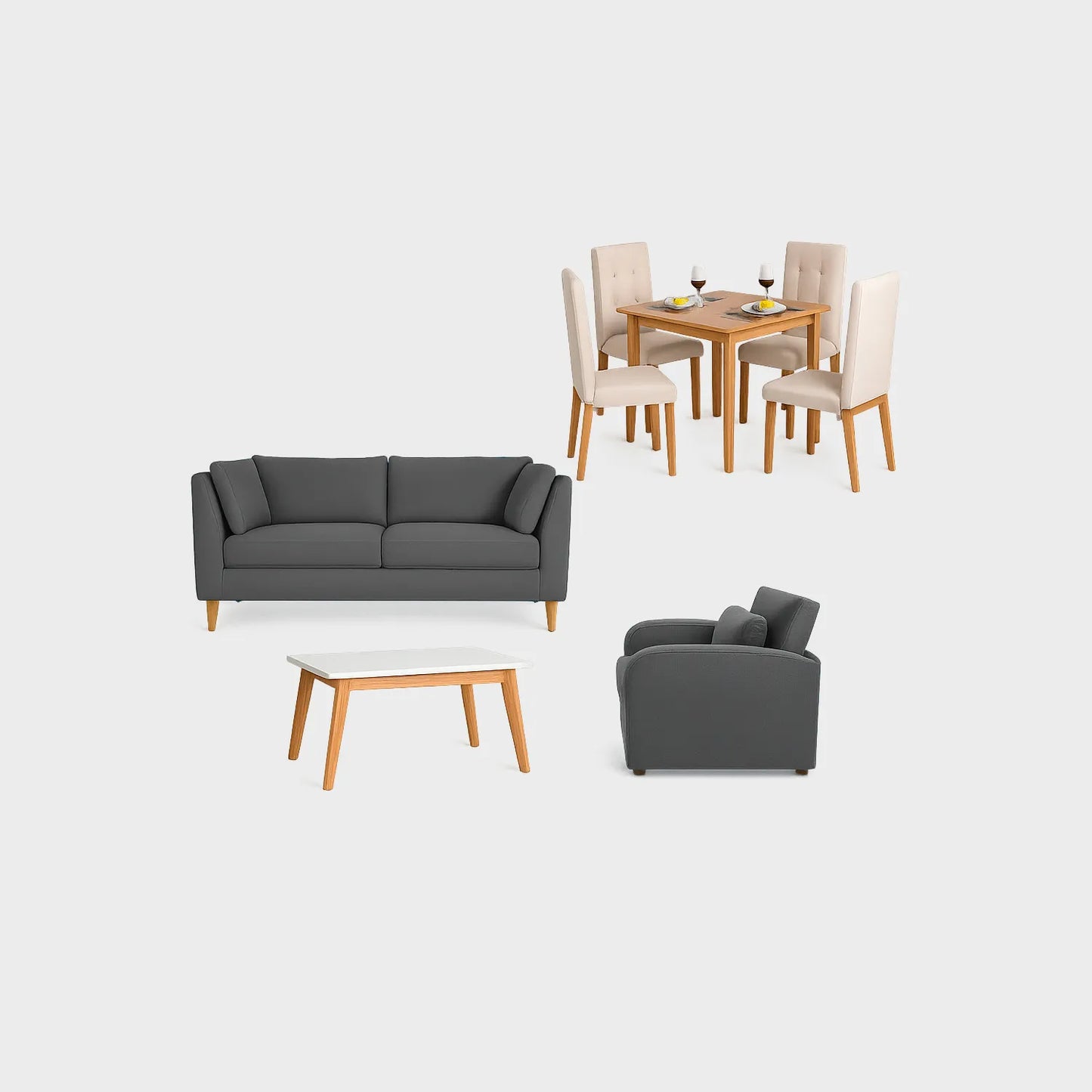 Juego de sala sofá 3 puestos color azul, con mesa auxiliar y comedor de 4 puestos con sillas tapizadas en color gris, poltrona cama tapizada gris, fotografía sobre fondo blanco, ideal para visualizar la combinación de estilos y colores - All Star muebles