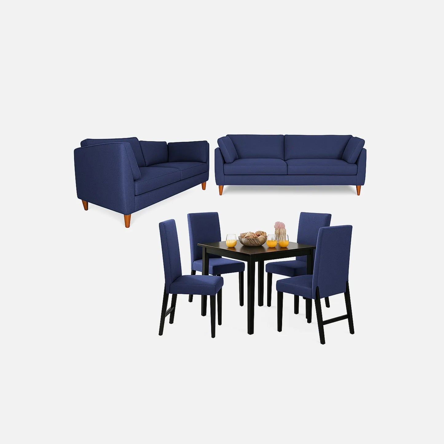 Juego de sala con sofá de 2 y 3 puestos tapizado color azul con patas en madera tono natural, con juego de comedor 4 puestos en madera maciza color negro y sillas tapizadas color azul, fotografía sobre fondo blanco, ideal para visualizar la combinación de estilos y colores - All Star muebles