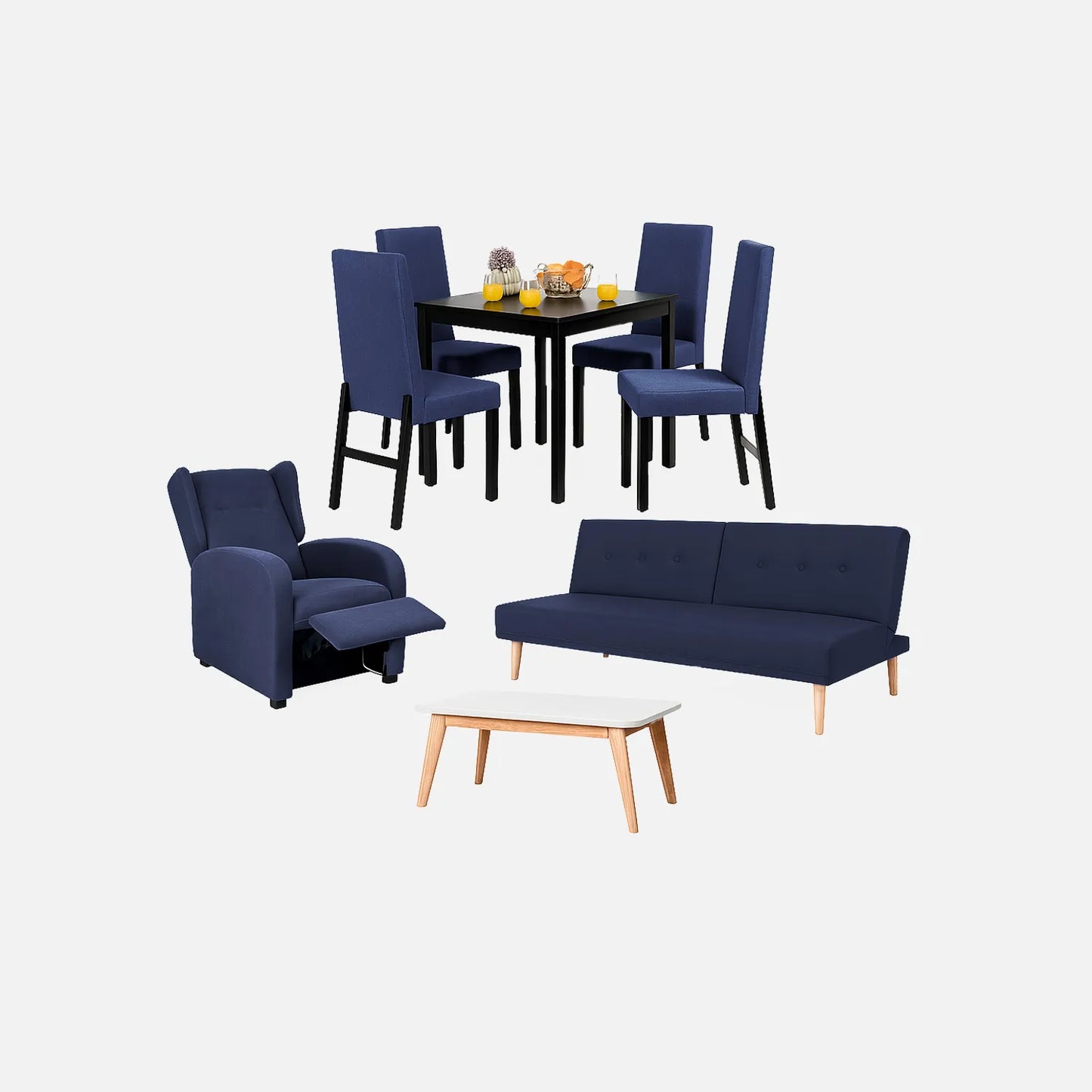Juego de sala sofá cama 3 puestos color azul, con mesa auxiliar y comedor de 4 puestos con sillas tapizadas en color azul, sillón reclinable tapizado azul, fotografía sobre fondo blanco, ideal para visualizar la combinación de estilos y colores - All Star muebles