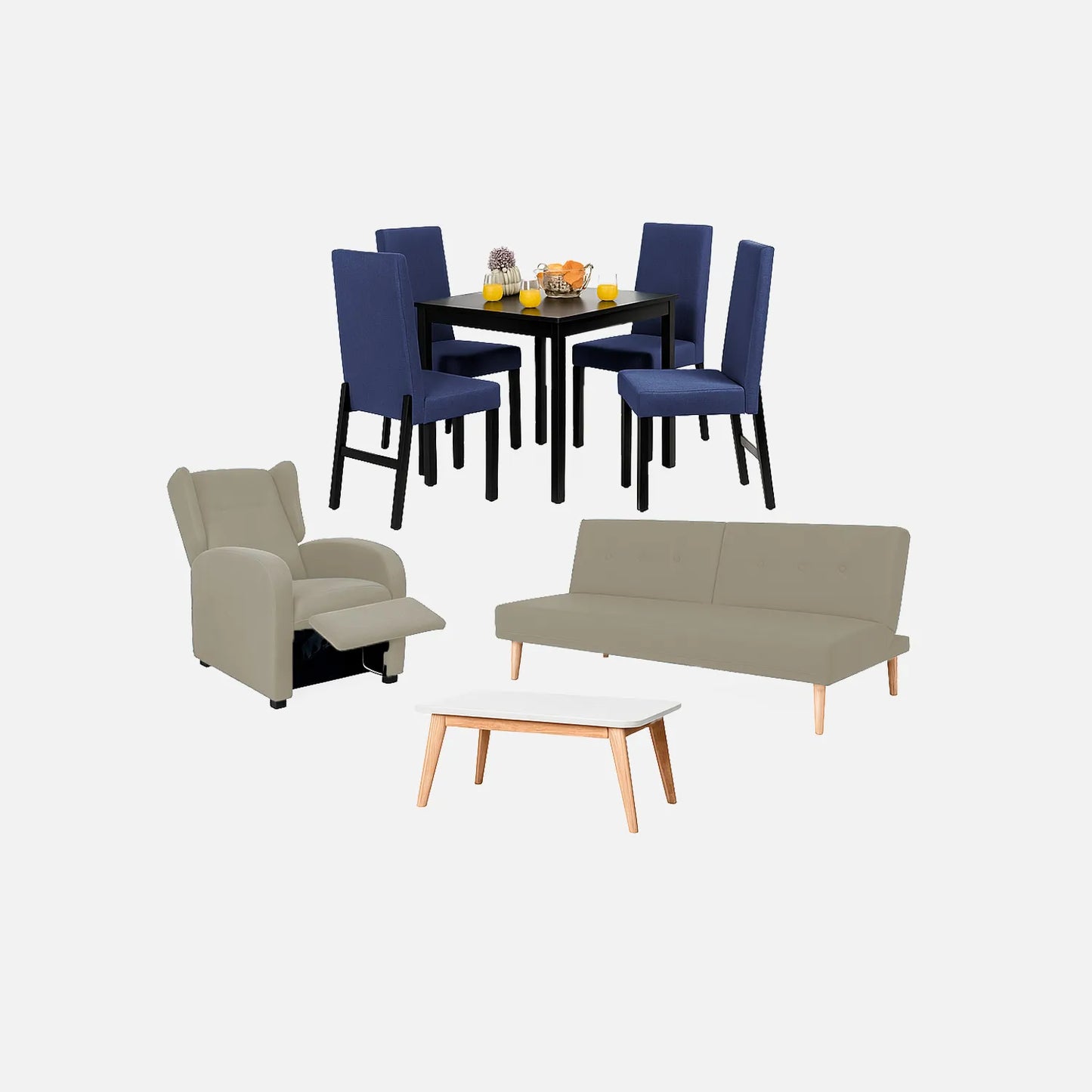 Juego de sala sofá cama 3 puestos color beige, con mesa auxiliar y comedor de 4 puestos con sillas tapizadas en color azul, sillón reclinable tapizado beige, fotografía sobre fondo blanco, ideal para visualizar la combinación de estilos y colores - All Star muebles