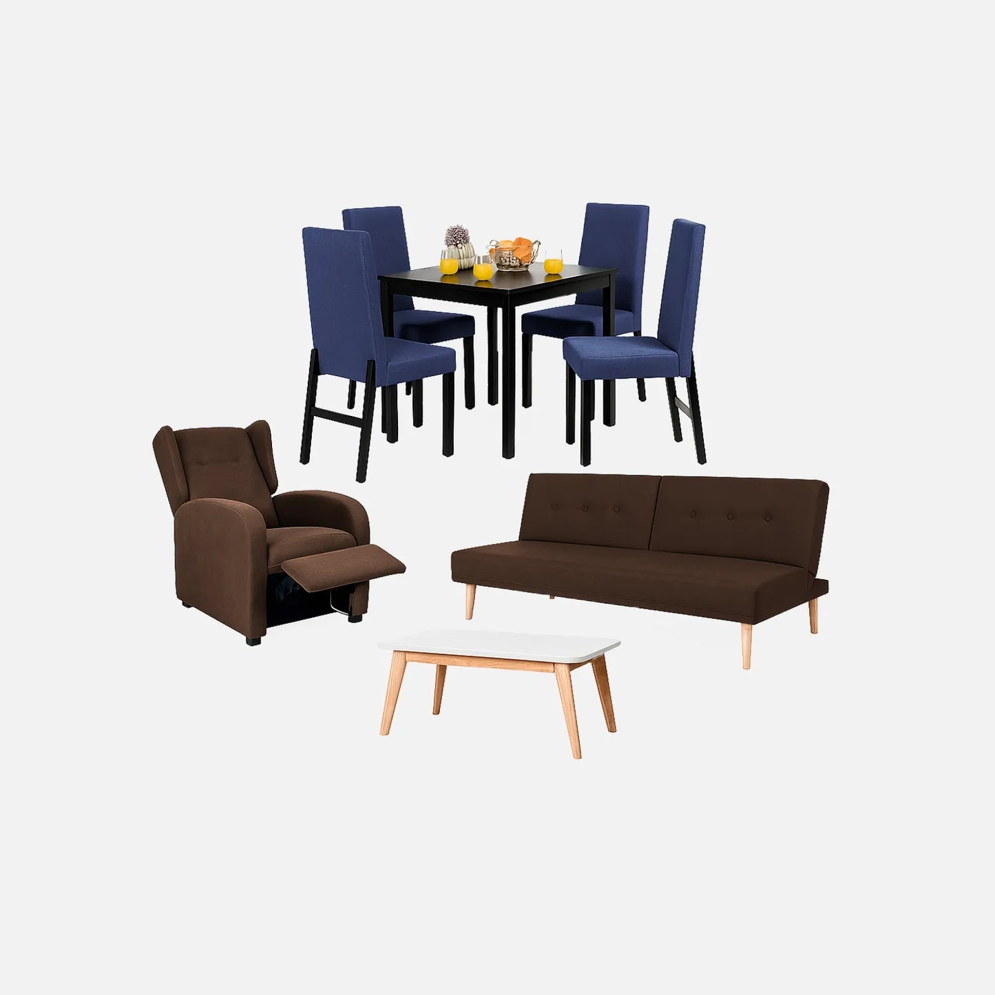 Juego de sala sofá cama 3 puestos color café, con mesa auxiliar y comedor de 4 puestos con sillas tapizadas en color azul, sillón reclinable tapizado café, fotografía sobre fondo blanco, ideal para visualizar la combinación de estilos y colores - All Star muebles