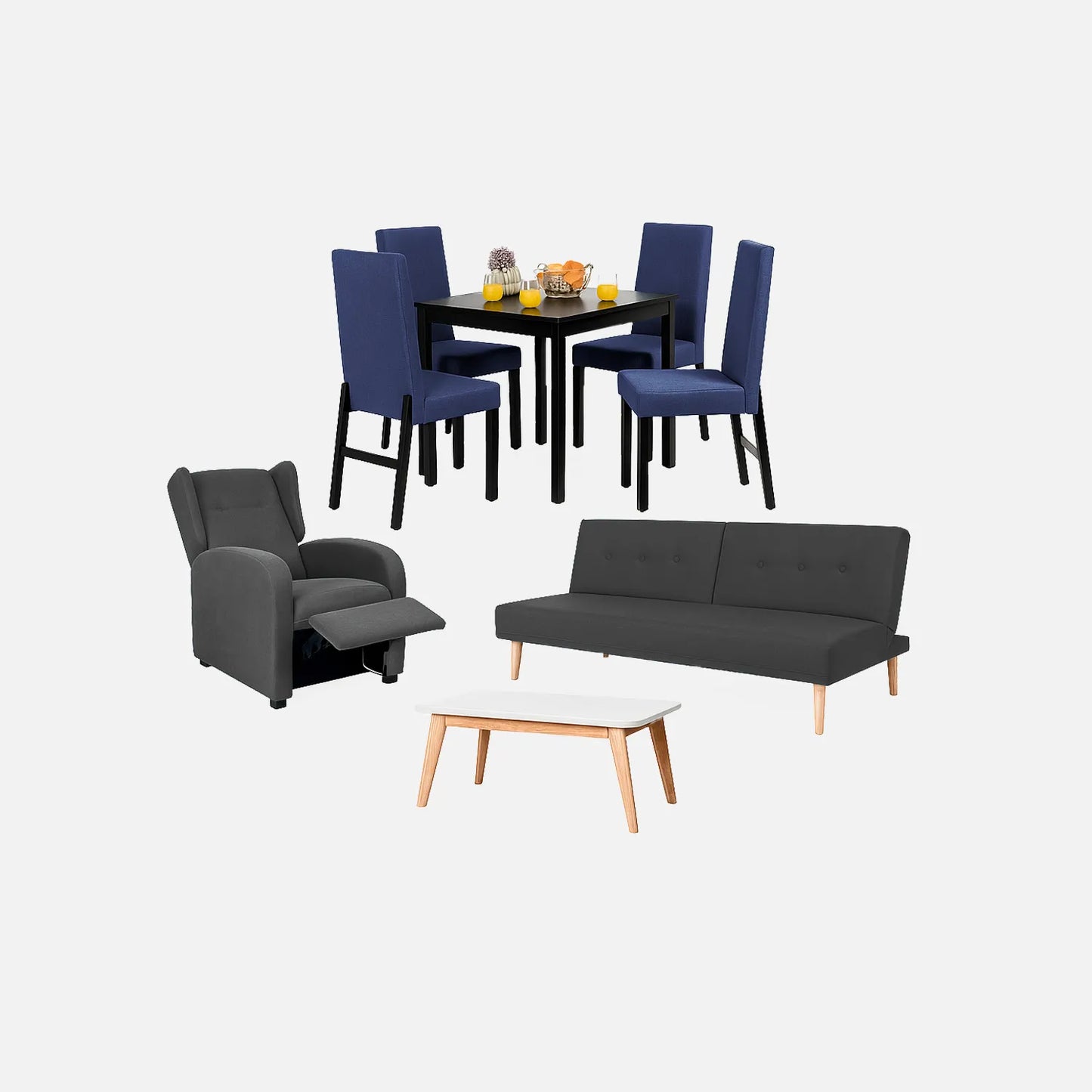 Juego de sala sofá cama 3 puestos color gris, con mesa auxiliar y comedor de 4 puestos con sillas tapizadas en color azul, sillón reclinable tapizado gris, fotografía sobre fondo blanco, ideal para visualizar la combinación de estilos y colores - All Star muebles