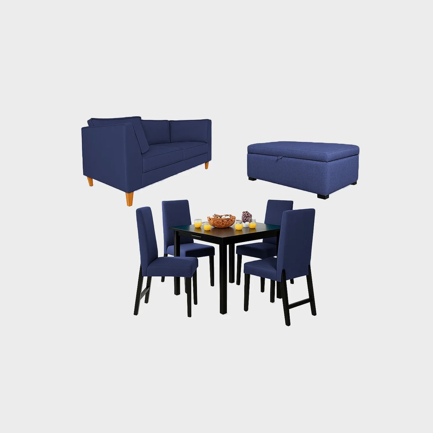 Juego de sala sofá 3 puestos color azul, con puff tipo baúl tapizado azul y comedor de 4 puestos con sillas tapizadas en color azul, fotografía sobre fondo blanco, ideal para visualizar la combinación de estilos y colores - All Star muebles