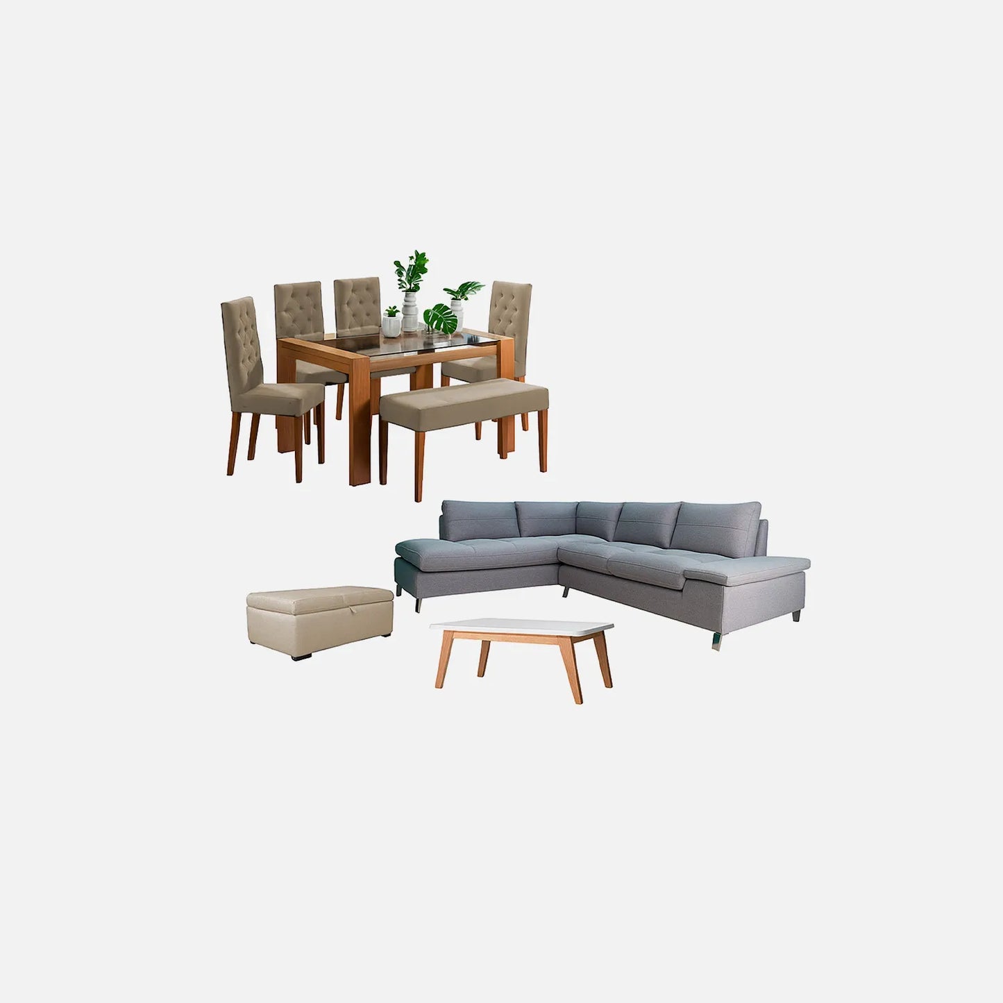 Juego de sala en L gris con mesa auxiliar y comedor de 6 puestos con sillas tapizadas en color beige, puff tipo baúl tapizado color beige, fotografía sobre fondo blanco, ideal para visualizar la combinación de estilos y colores - All Star muebles
