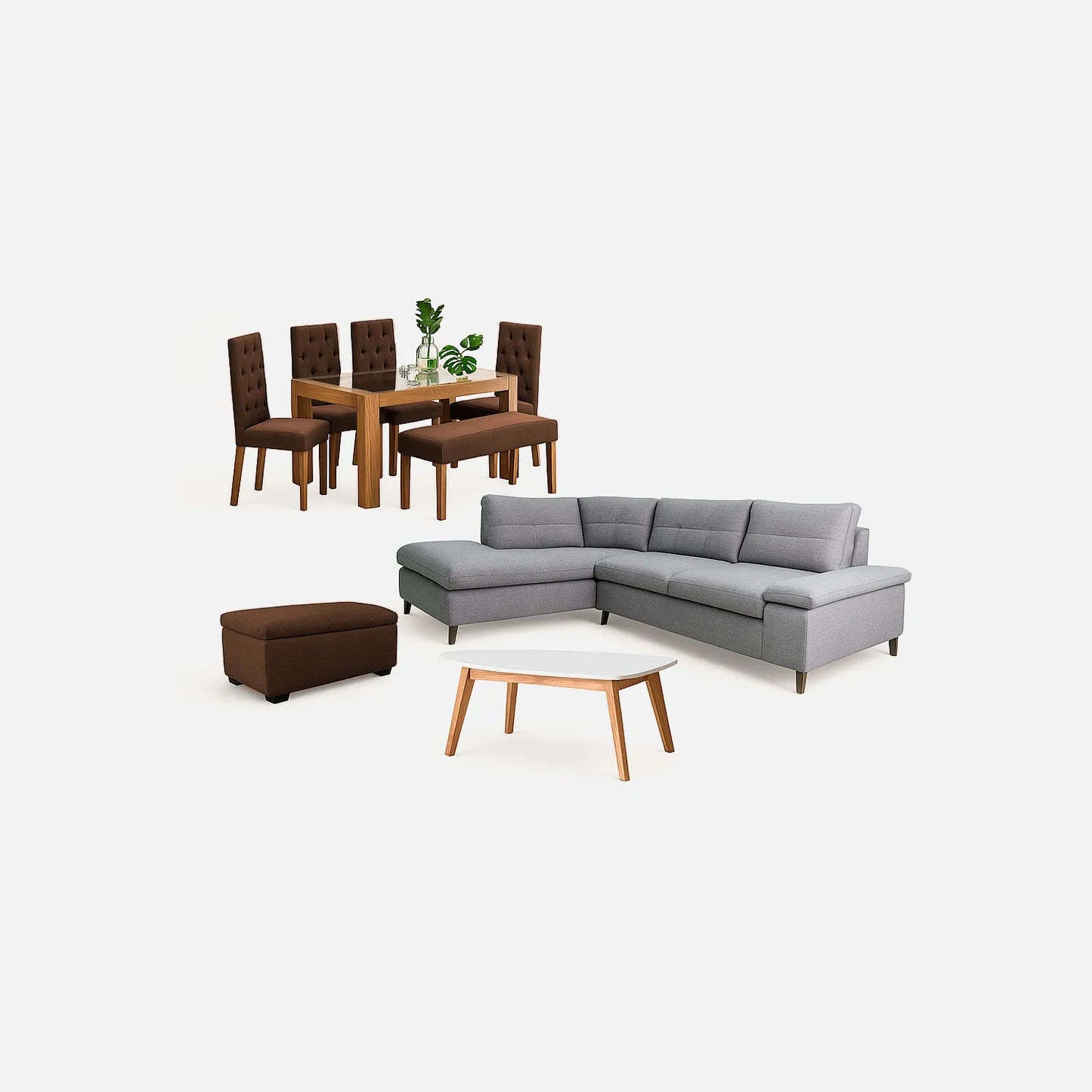 Juego de sala en L gris con mesa auxiliar y comedor de 6 puestos con sillas tapizadas en color café, puff tipo baúl tapizado color café, fotografía sobre fondo blanco, ideal para visualizar la combinación de estilos y colores - All Star muebles