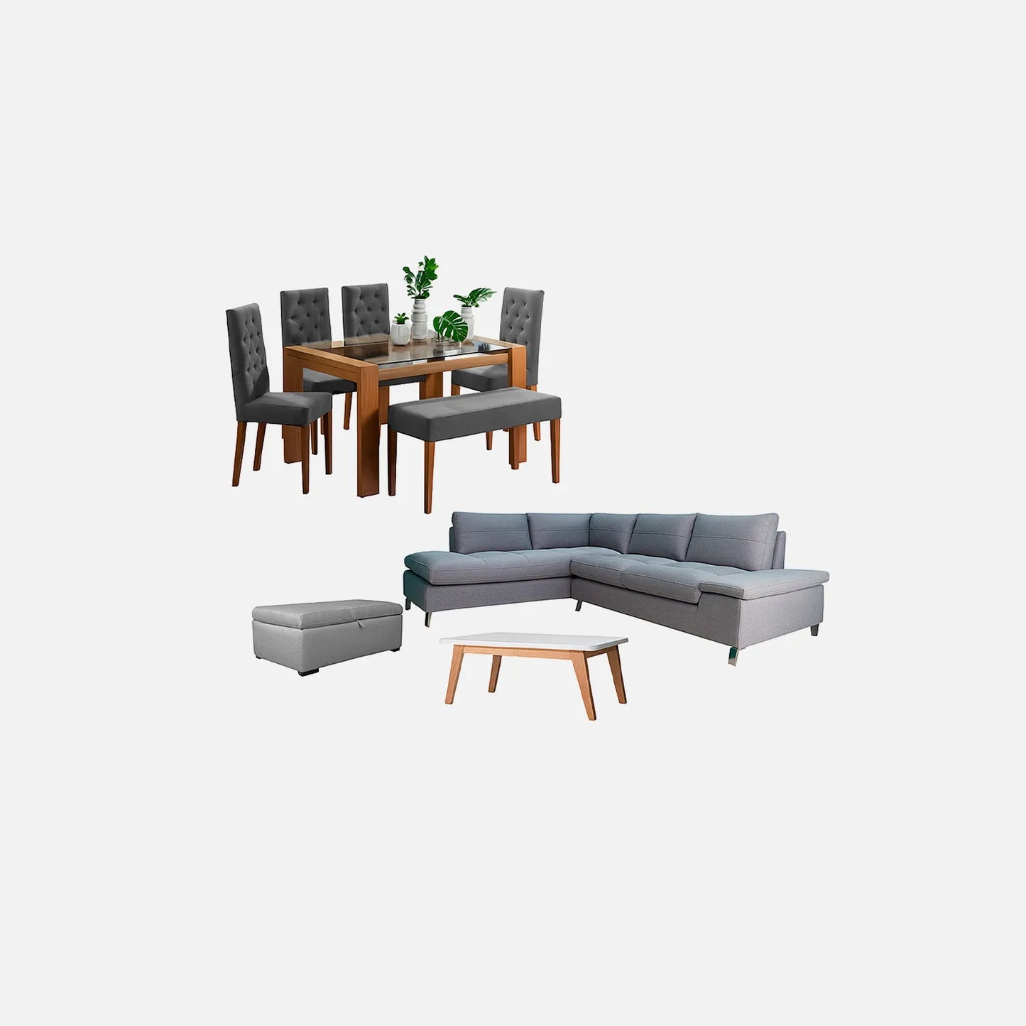 Juego de sala en L gris con mesa auxiliar y comedor de 6 puestos con sillas tapizadas en color gris, puff tipo baúl tapizado color gris, fotografía sobre fondo blanco, ideal para visualizar la combinación de estilos y colores - All Star muebles