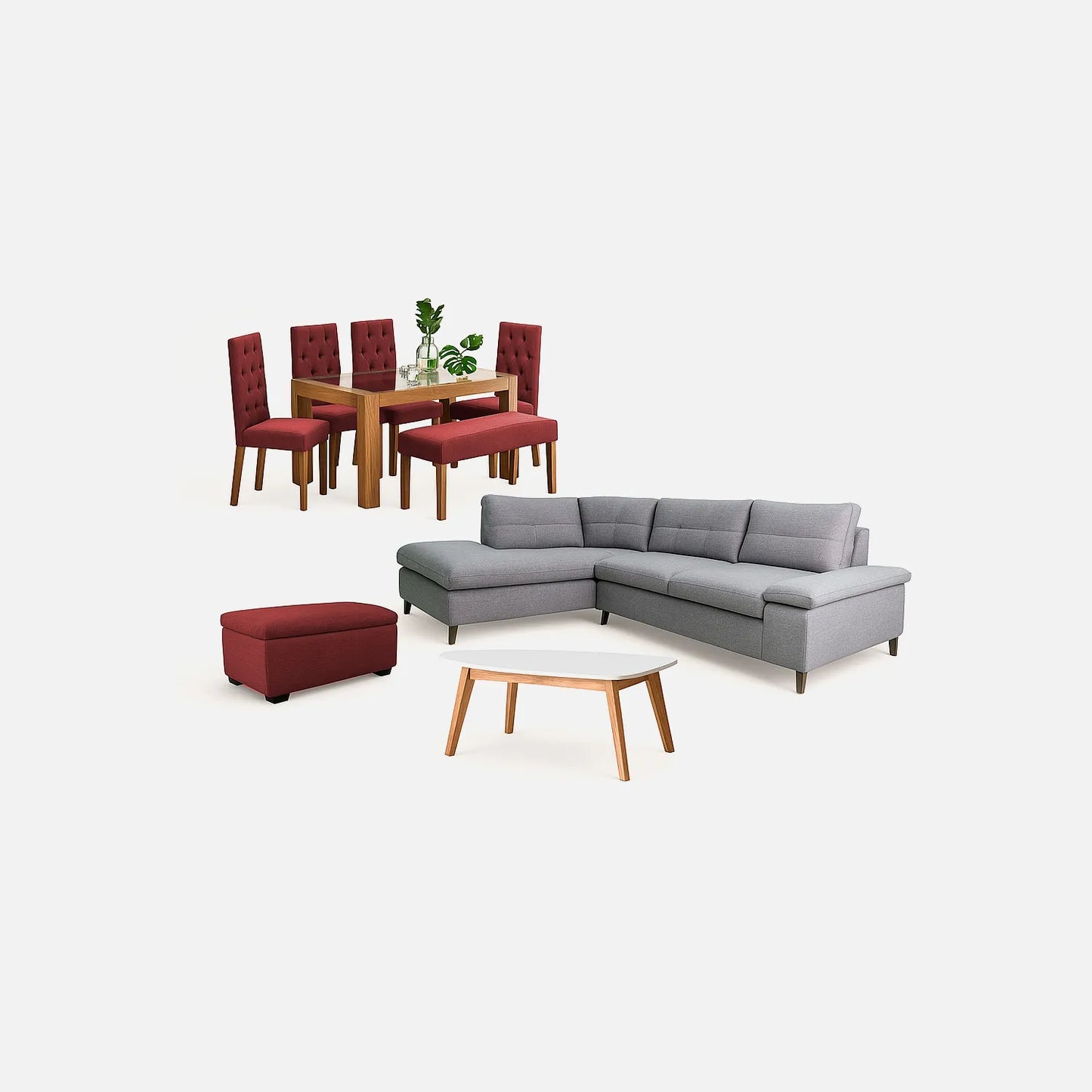 Juego de sala en L gris con mesa auxiliar y comedor de 6 puestos con sillas tapizadas en color salmón, puff tipo baúl tapizado color salmón, fotografía sobre fondo blanco, ideal para visualizar la combinación de estilos y colores - All Star muebles