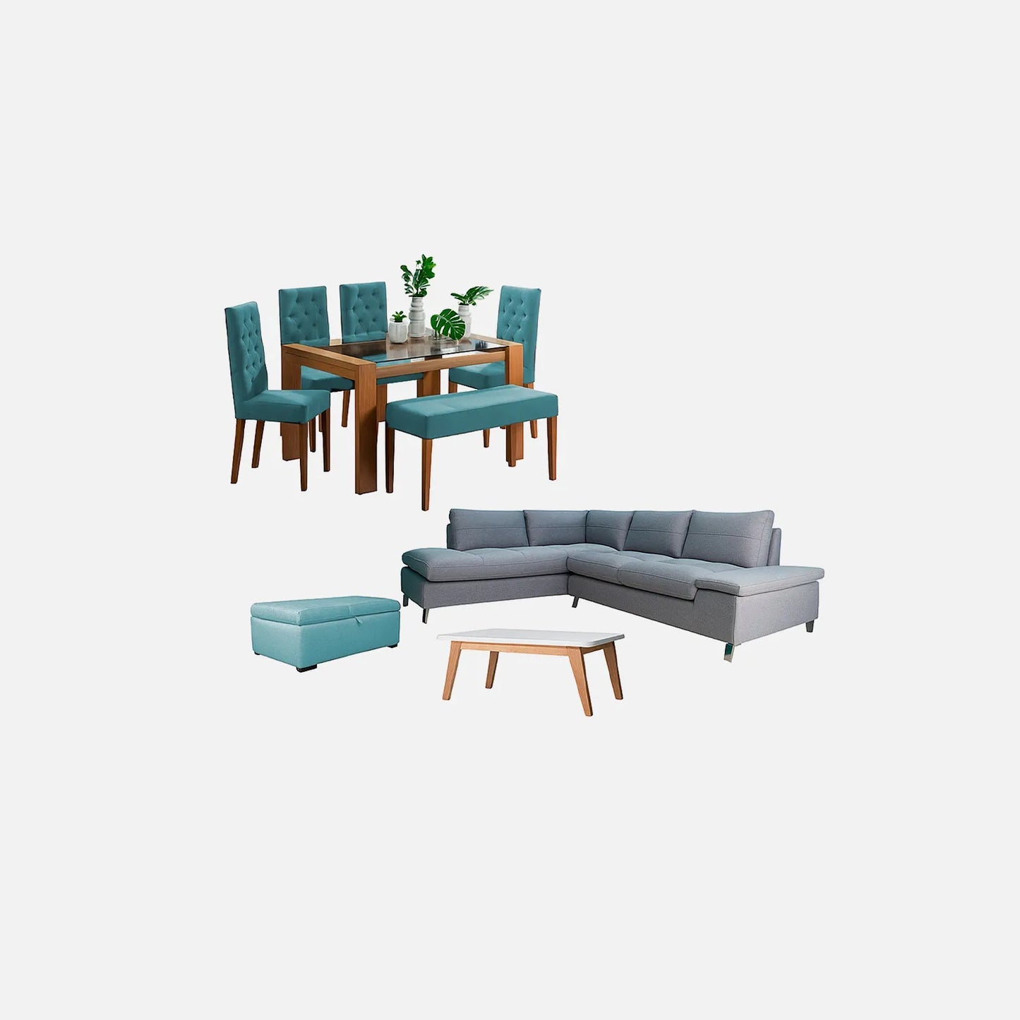 Juego de sala en L gris con mesa auxiliar y comedor de 6 puestos con sillas tapizadas en color turquesa, puff tipo baúl tapizado color turquesa, fotografía sobre fondo blanco, ideal para visualizar la combinación de estilos y colores - All Star muebles