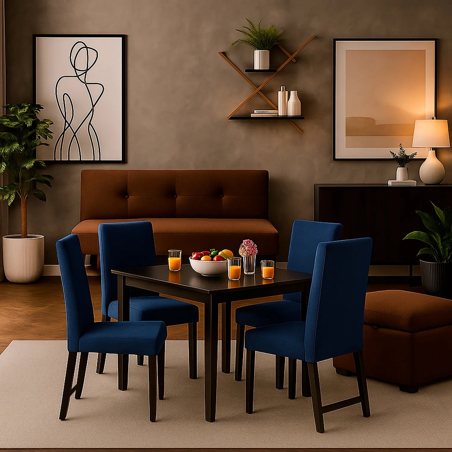 Sofá cama 3 puestos en tela café con patas color negro, ubicado en sala moderna con puff tipo baúl color café, ambientado con comedor de madera en tono negro y sillas tapizadas color azul Ideal para hogares colombianos que buscan confort y estilo moderno - All Star muebles