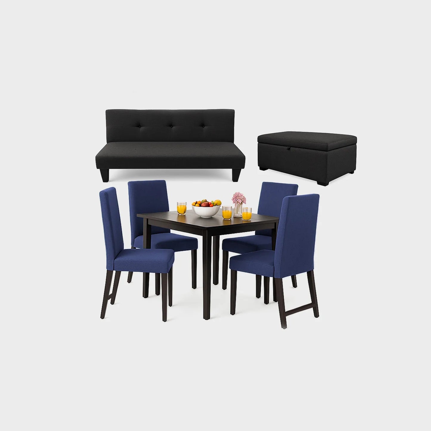 Juego de sala sofá cama 3 puestos color negro, con puff tipo baúl tapizado negro y comedor de 4 puestos con sillas tapizadas en color azul, fotografía sobre fondo blanco, ideal para visualizar la combinación de estilos y colores - All Star muebles